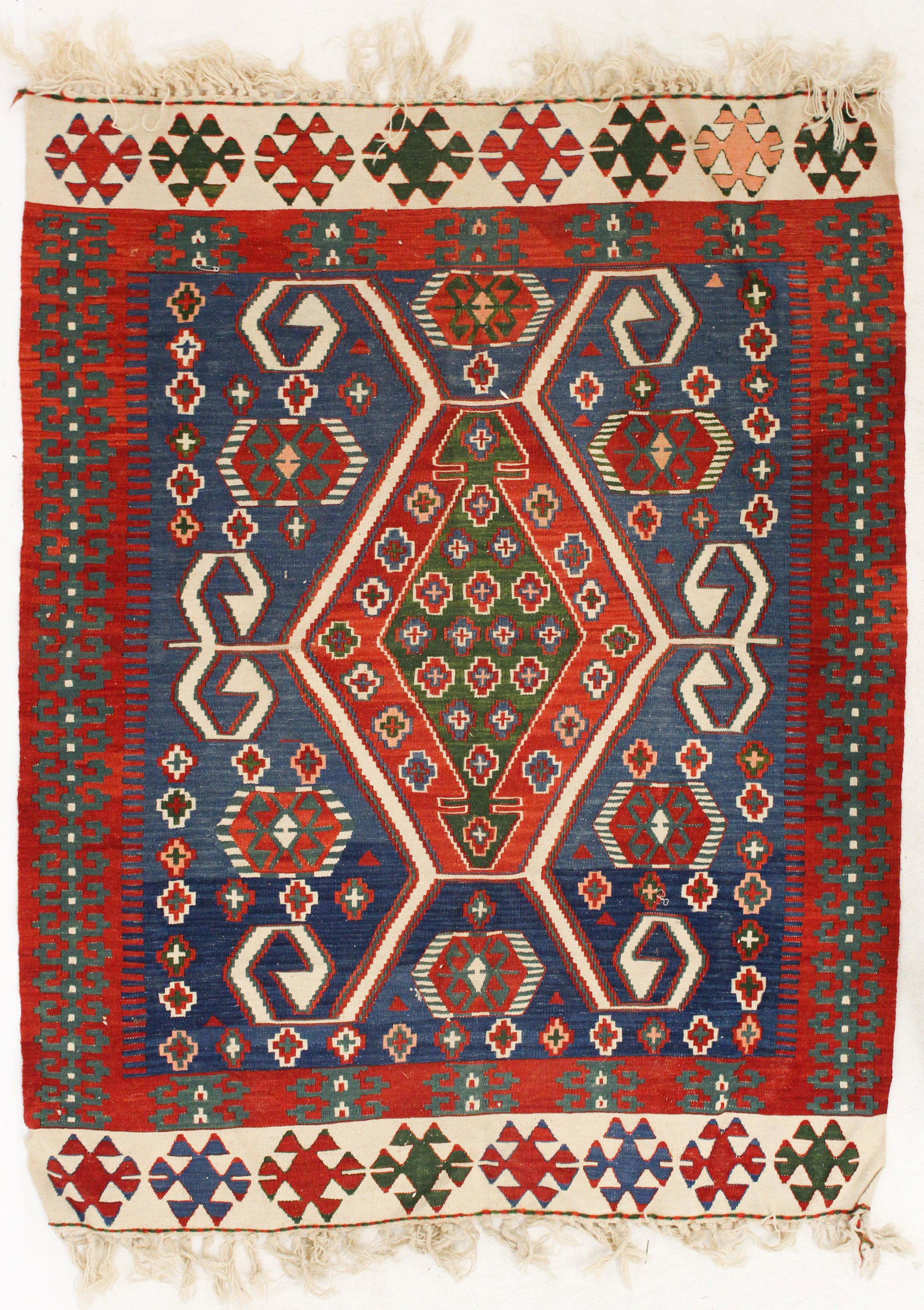 Late 20th c Flat Woven Turkish Kilim: Late 20th c Turkish kilim flat woven area rug with tribal design, 3' 8" x 4' 9", ex Iris Love