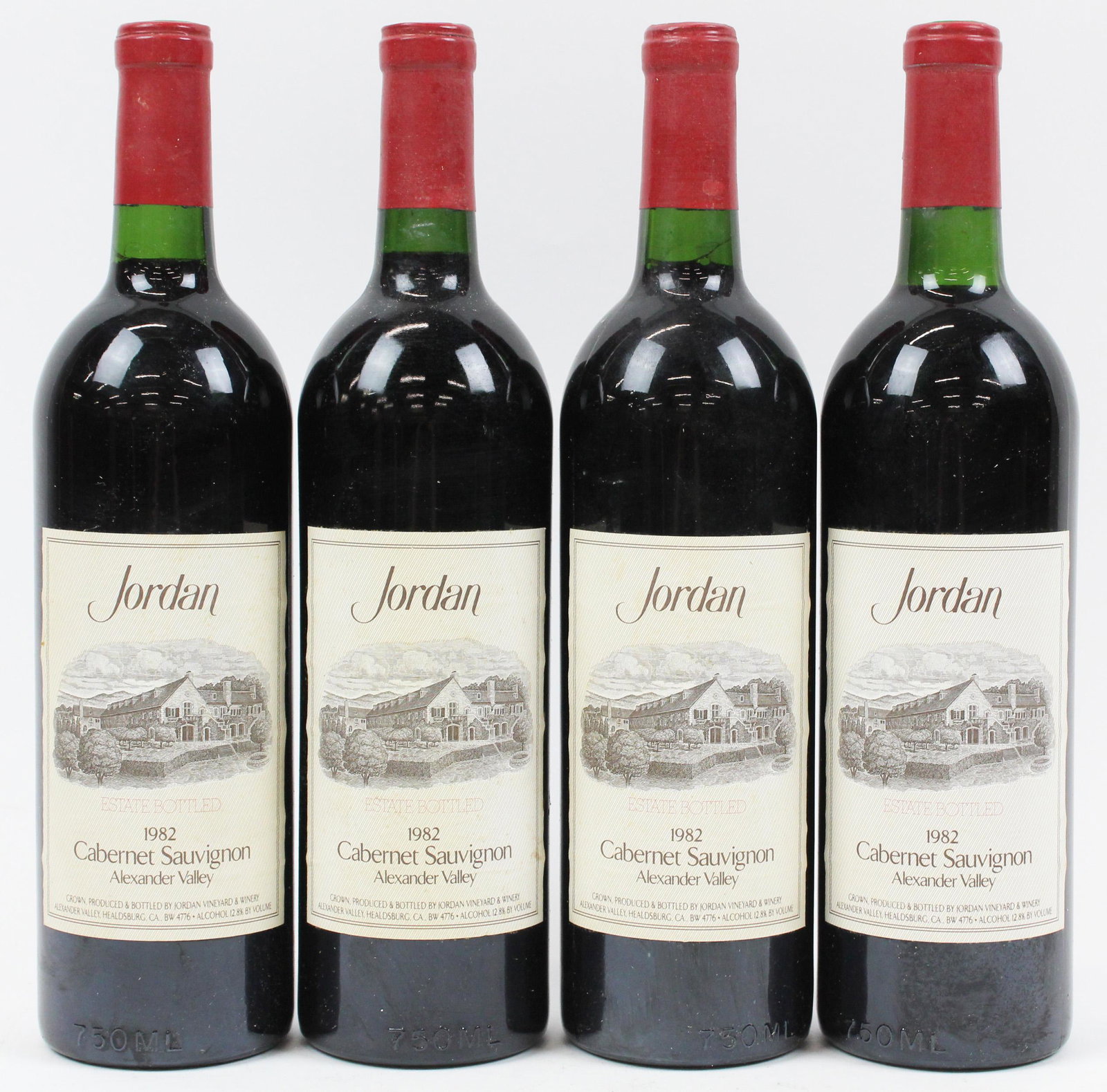 4- 1982 Jordan Cabernet Sauvignon: 4 bottles of 1982 Jordan Cabernet Sauvignon Alexander Valley red wine. From the estate of Iris Love