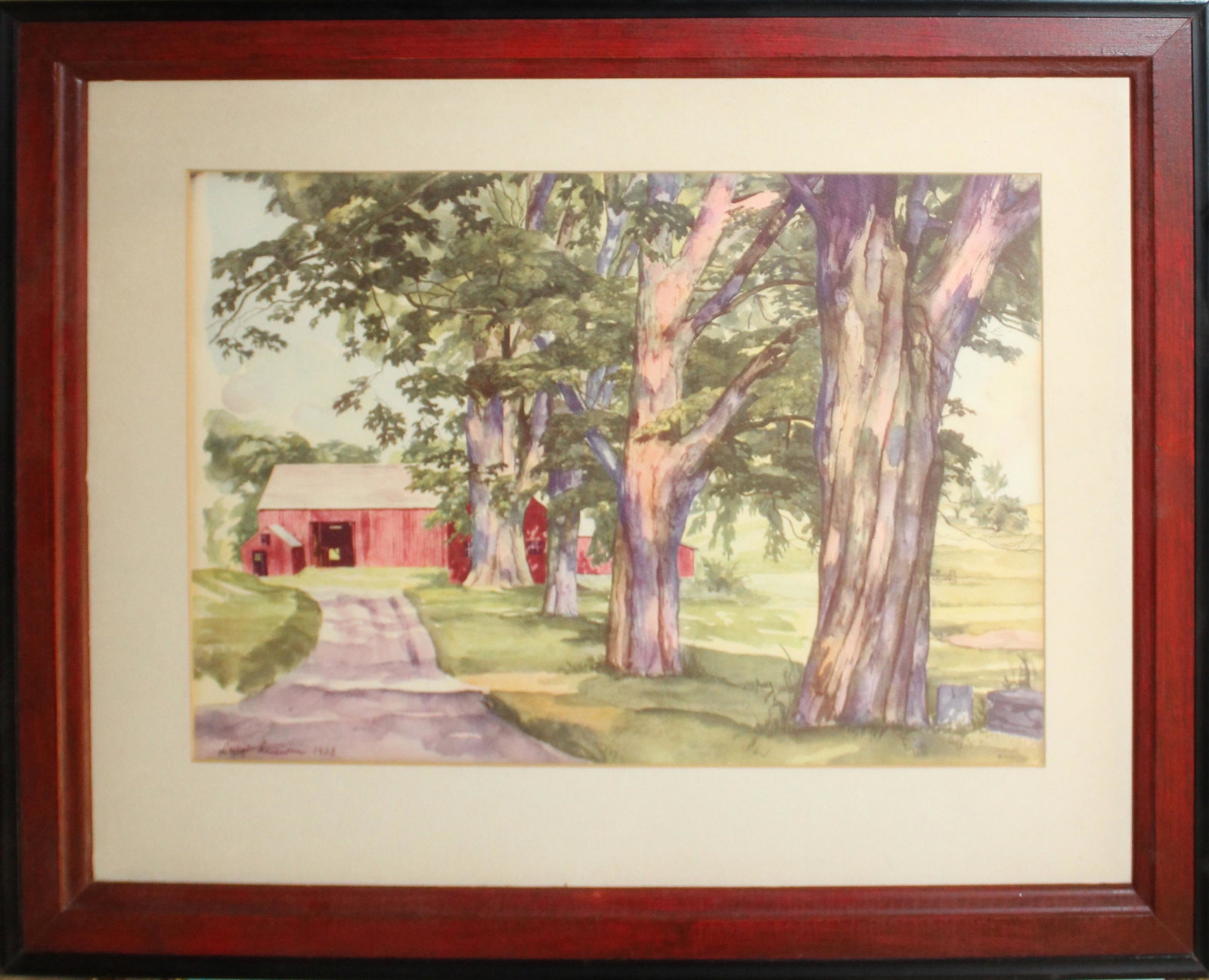 Luigi Lucioni (VT 1900-1988): Luigi Lucioni (Vermont 1900-1988) Red Barns offset lithograph on paper published by Associated American Artists New York - 14 x 20" signed in plate dated 1938