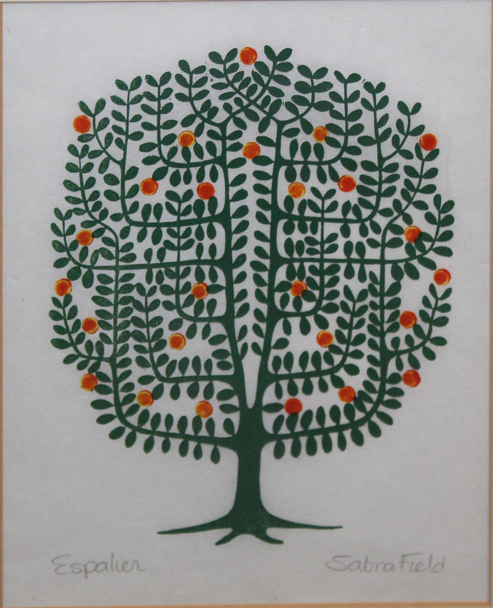 Sabra Field (VT 1935-) Espalier: Sabra Field (Vermont 1935-) Espalier woodblock on paper signed lower margin 10 x8"