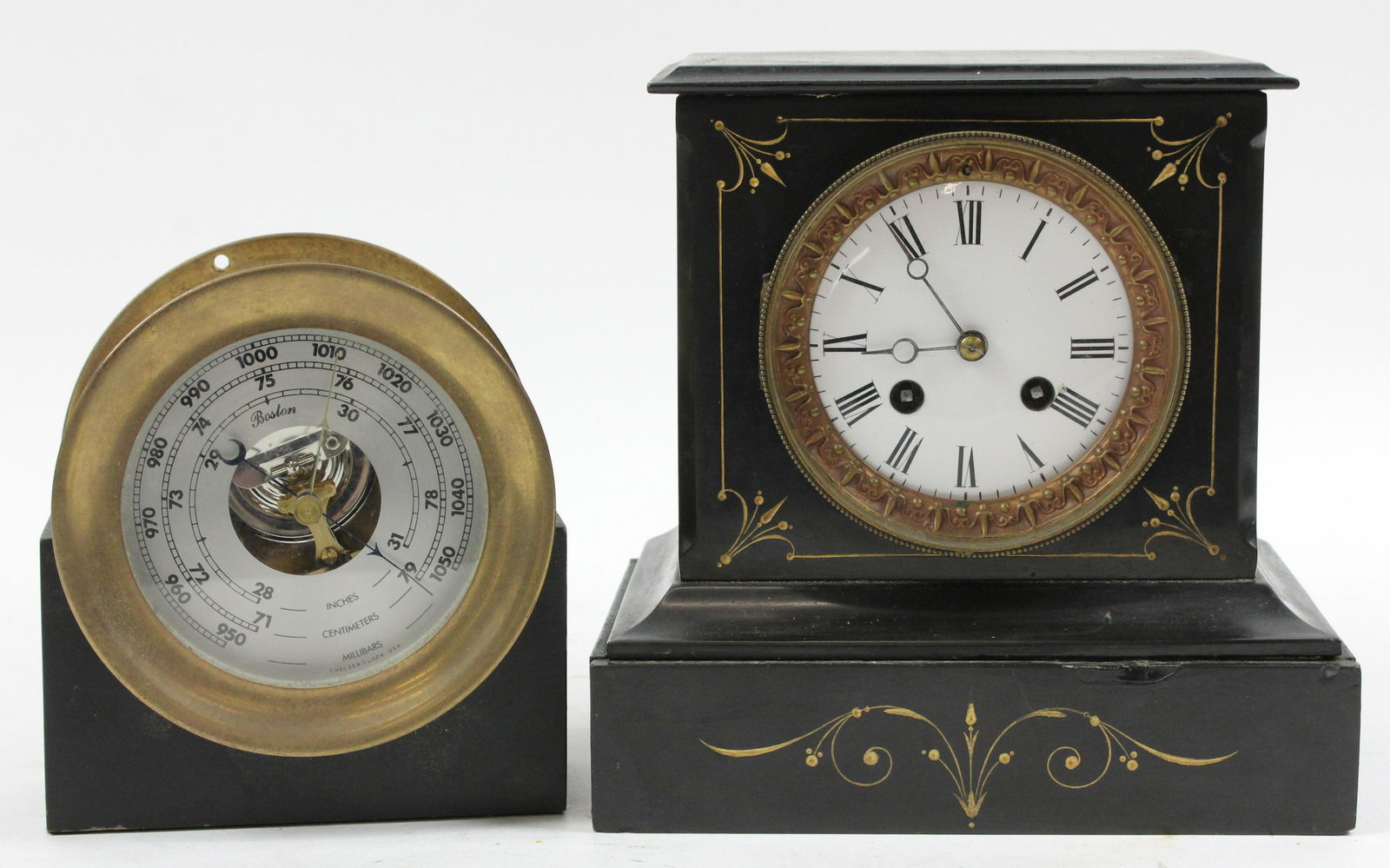 Victorian Slate Mantel Clock, Chelsea Barometer: Victorian polished slate case mantel clock with porcelain dial, accompanied by a Chelsea barometer (as found, non-operation) -mantel clock has rim chip, repair to one corner 6.5" x 6", 8.5" x 8.5" -so
