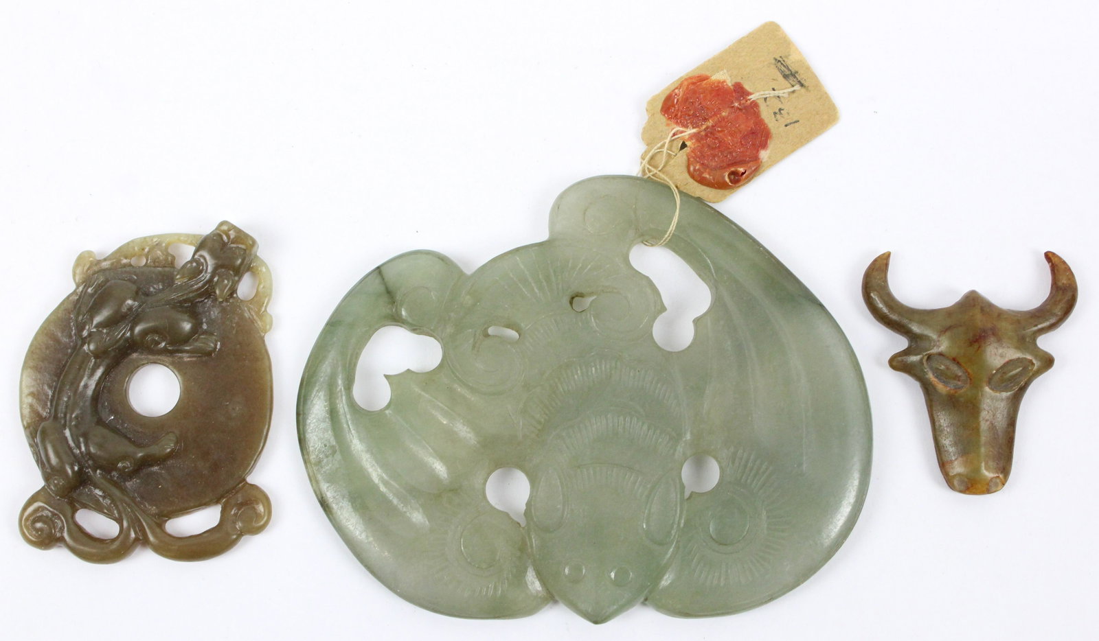 Contemporary Chinese Jade Carvings: Contemporary Chinese jade carvings (3 pcs), large bat, bi disc, water buffalo, 1 1/2" to 3", ex Iris Love