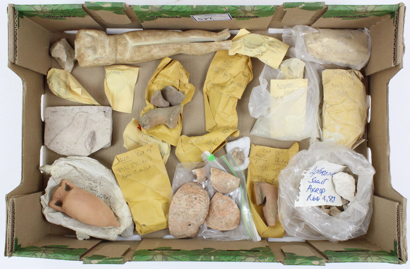 Ancient Greek Pot Shards, Marble Fragments: Ancient Greek potsherds, marble fragments, ash, sand, etc, collected by Iris Love ca 1981, includes partial Cycladic statue, bird head tile, bag of rock fragments with label "Aphrodite Sanct Akrop Nov