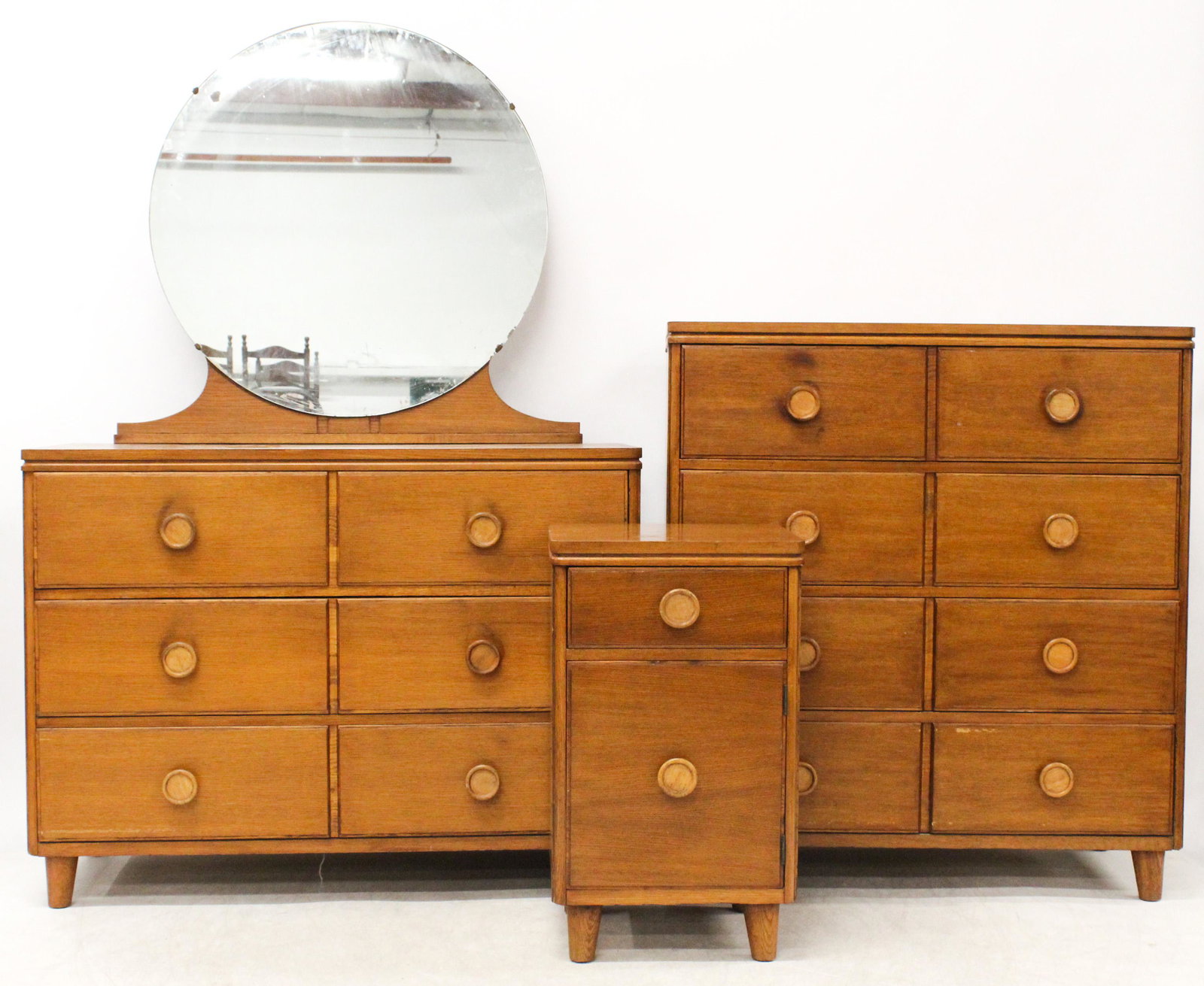 Mid Century Oak Bedroom set: Mid Century Modern Oak bedroom set with two dressers and a bedside table Sold to benefit Brattleboro Area Hospice