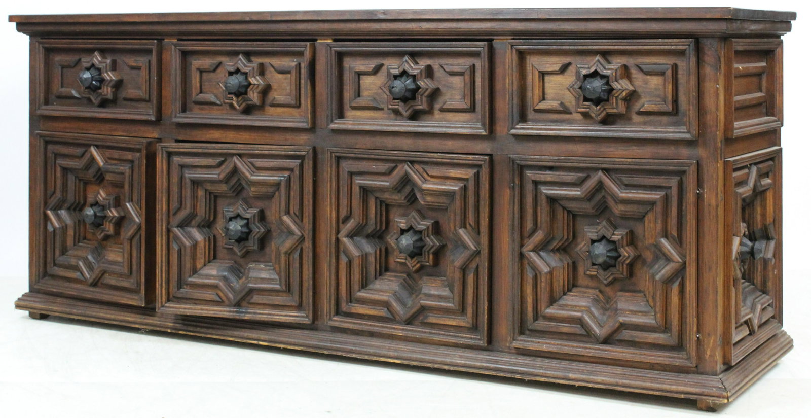 Mid Century Mediterranean Revival Cupboard: Long Walnut Mid Century Modern Mediterranean revival low cupboard 28 x 19 x 68"