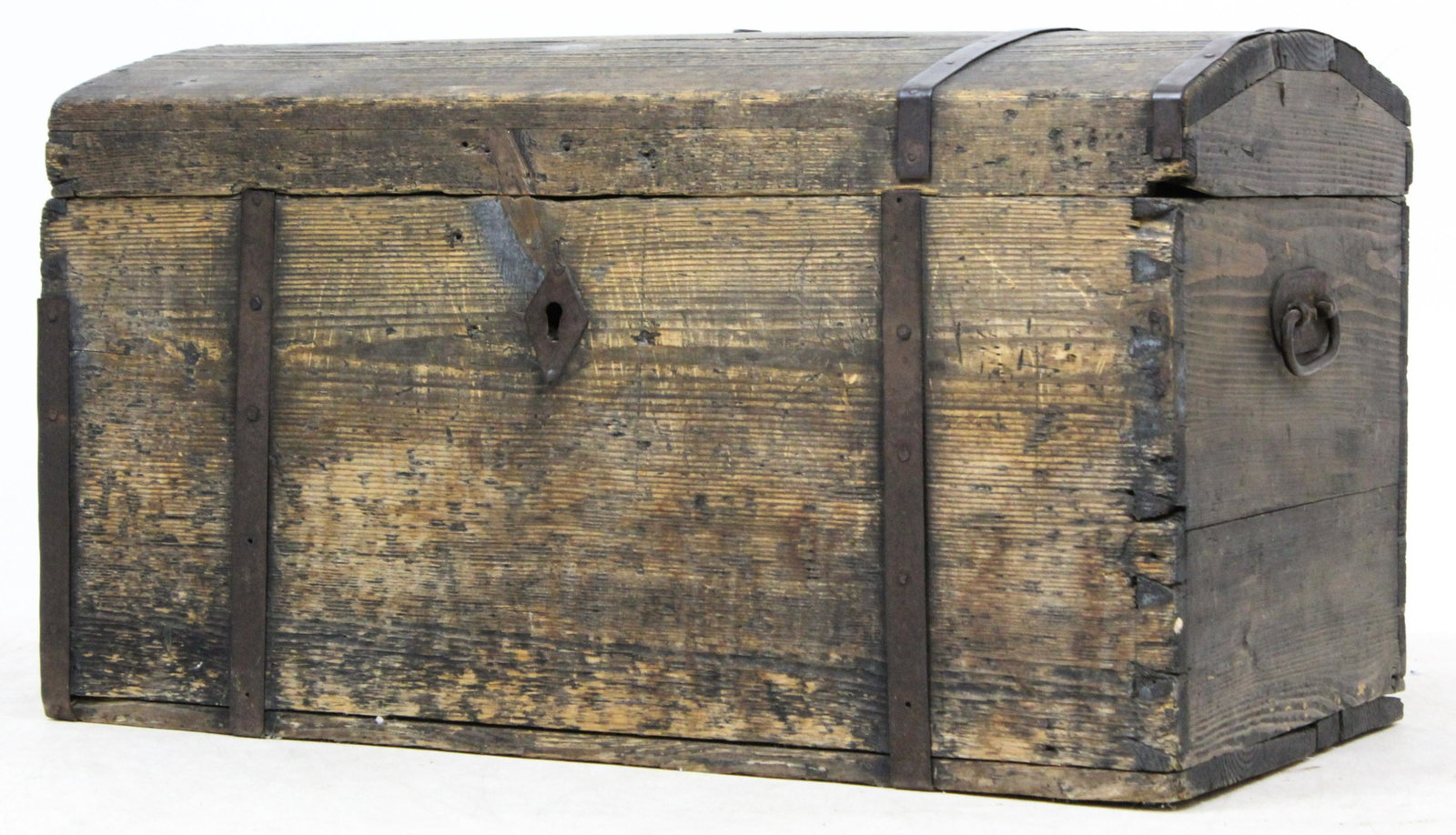 European Iron Bound Trunk: 19th c European soft wood chest bound in wrought iron 21 x 21 x 34"