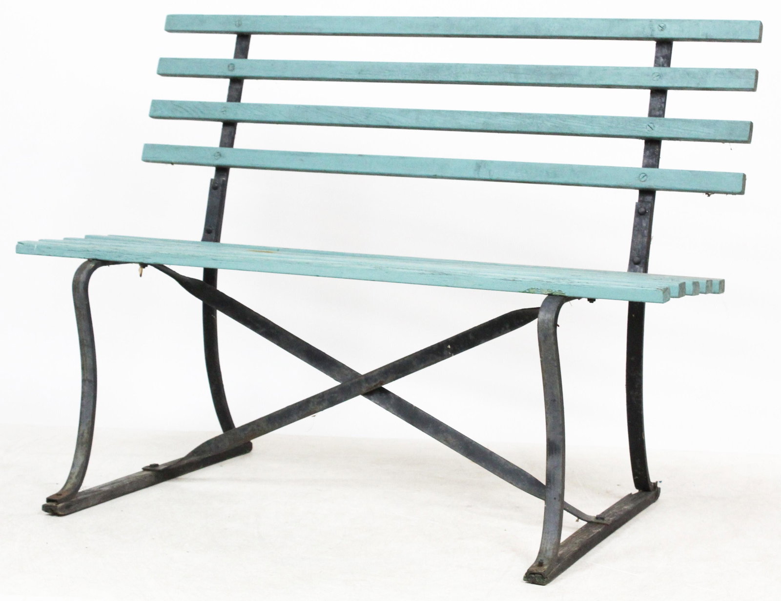 Early 20th c Green Painted park bench: early 20th c green painted park bench with iron supports 42 x 30 x 23"