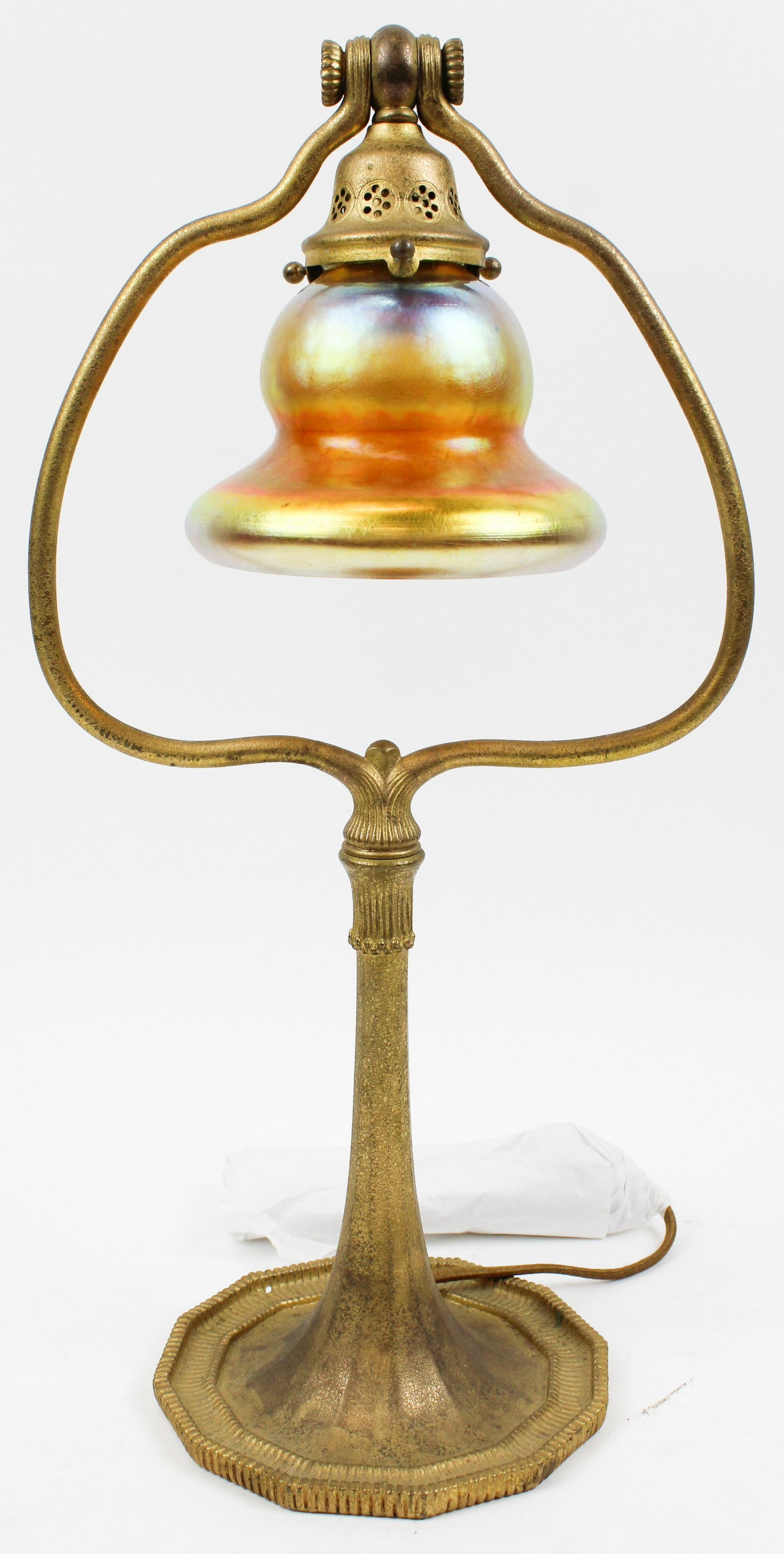 Tiffany Studios Damascene Harp Desk Lamp: Tiffany Damascene Harp bronze gold dore desk lamp, signed Tiffany Studios, New York 613 on base, shade with mild line etched L. C T.and signed TG 84.4.97B in ink on top of rim (shade not original to b