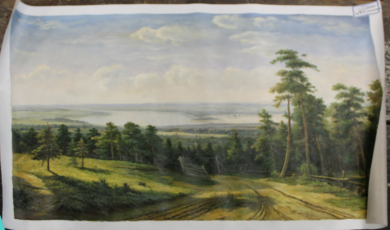 Contemporary Hudson River School Landscape: Contemporary late 20th c. oil on canvas Hudson River School landscape with rail fence and dirt road in foreground, unsigned, unstretched 24.5" x 36"