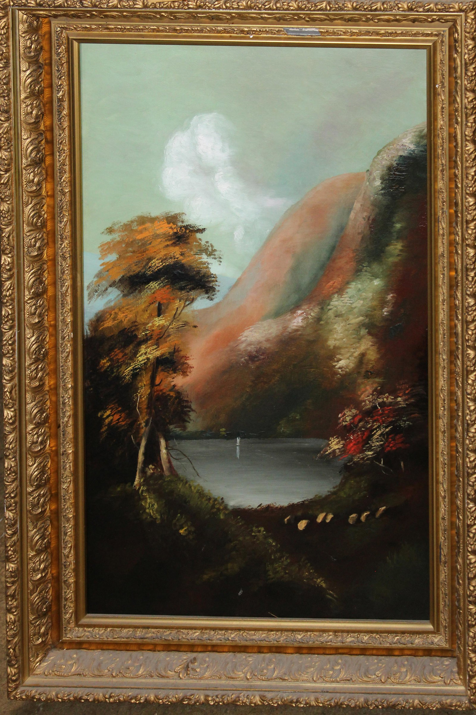Late 19th c. Oil on Canvas Landscape by E. Soule: Late 19th c. Victorian Hudson River School landscape by Eldene Osborne Soule (1865-1967) Monson, MA in gilt gesso ornate deep frame, stretcher stamped 1886 24" x 36.5"