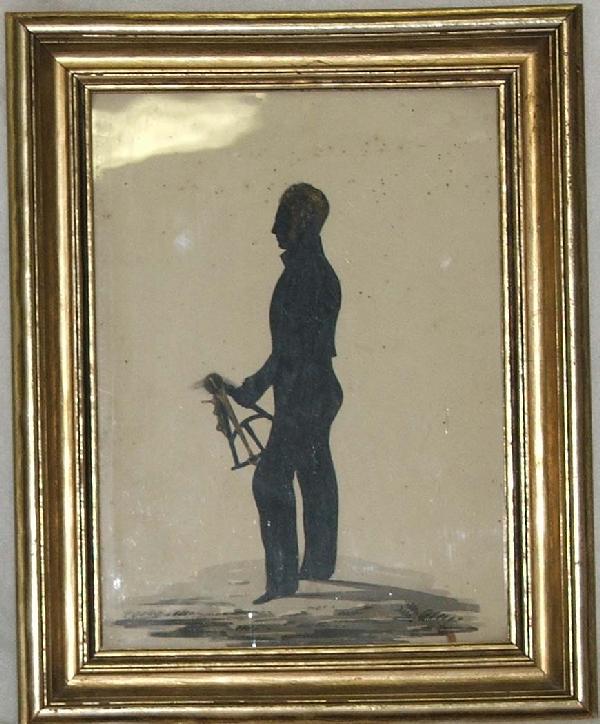 7x10 in w/c full length silhouette of midshipman Jo: 7x10 in w/c full length silhouette of midshipman John Ward with sextant 1838 by Firth