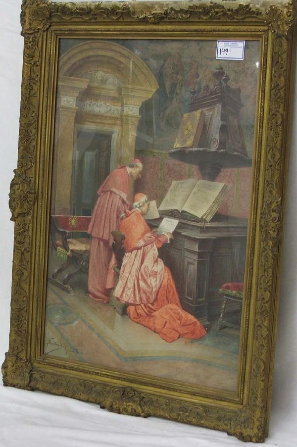 29 x20 in w/c Vatican interior with Cardinals revi: 29 x20 in w/c Vatican interior with Cardinals reviewing music signe F Bellesio Roma (Frederico Bellesio 19th c Italian)