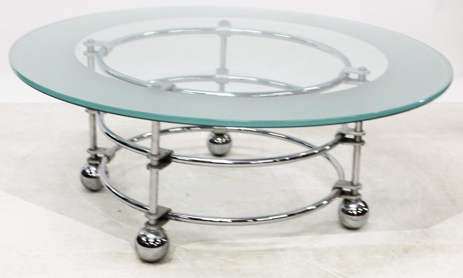Jay Spectre Century Cocktail Table: Chrome and frosted glass Jay Spectre Century Cocktail table. Top 40" diameter base 28" diameter 16" tall.
