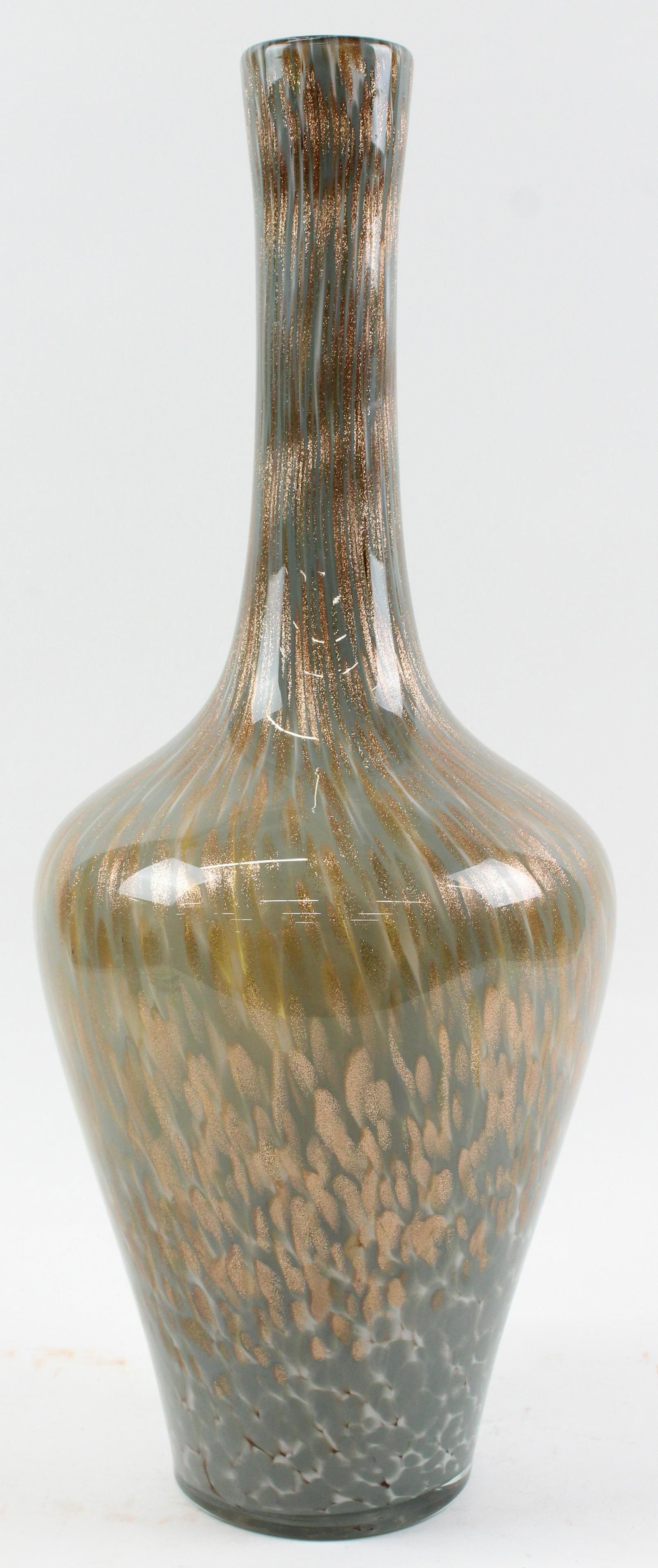 Murano Goldstone Fleck Art Glass Vase: Mid Century Murano cased art glass vase with blue and white opalescent mottled streaks having goldstone metallic fleck accents, in the manner of Ercolle Barovier 21" x 8"