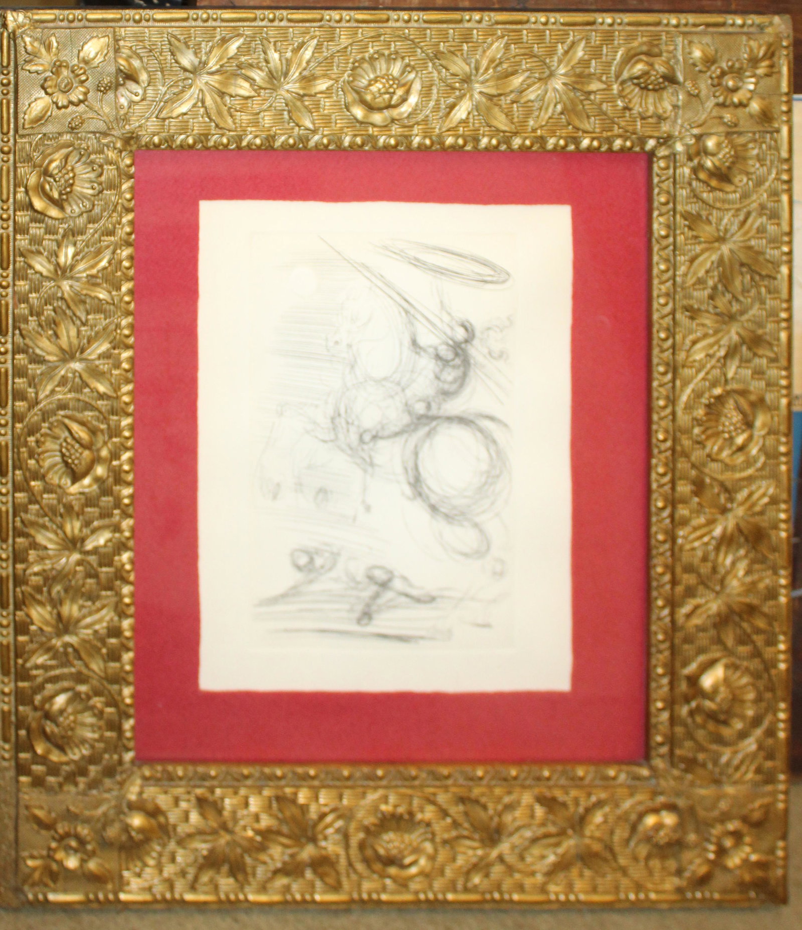 Salvador Dali (SP 1904-1989): Salvador Dali (Spanish 1904-1989) Don Quixote - Drypoint etching signed in plate published by Collectors Guild NY plate 9 x 6" Overall 18 x 17"