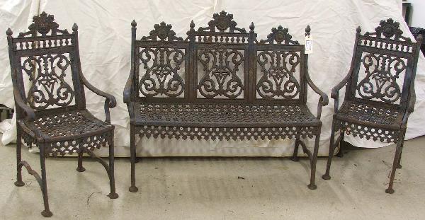 Victorian cast iron settee and two arm chairs: Victorian cast iron settee and two arm chairs