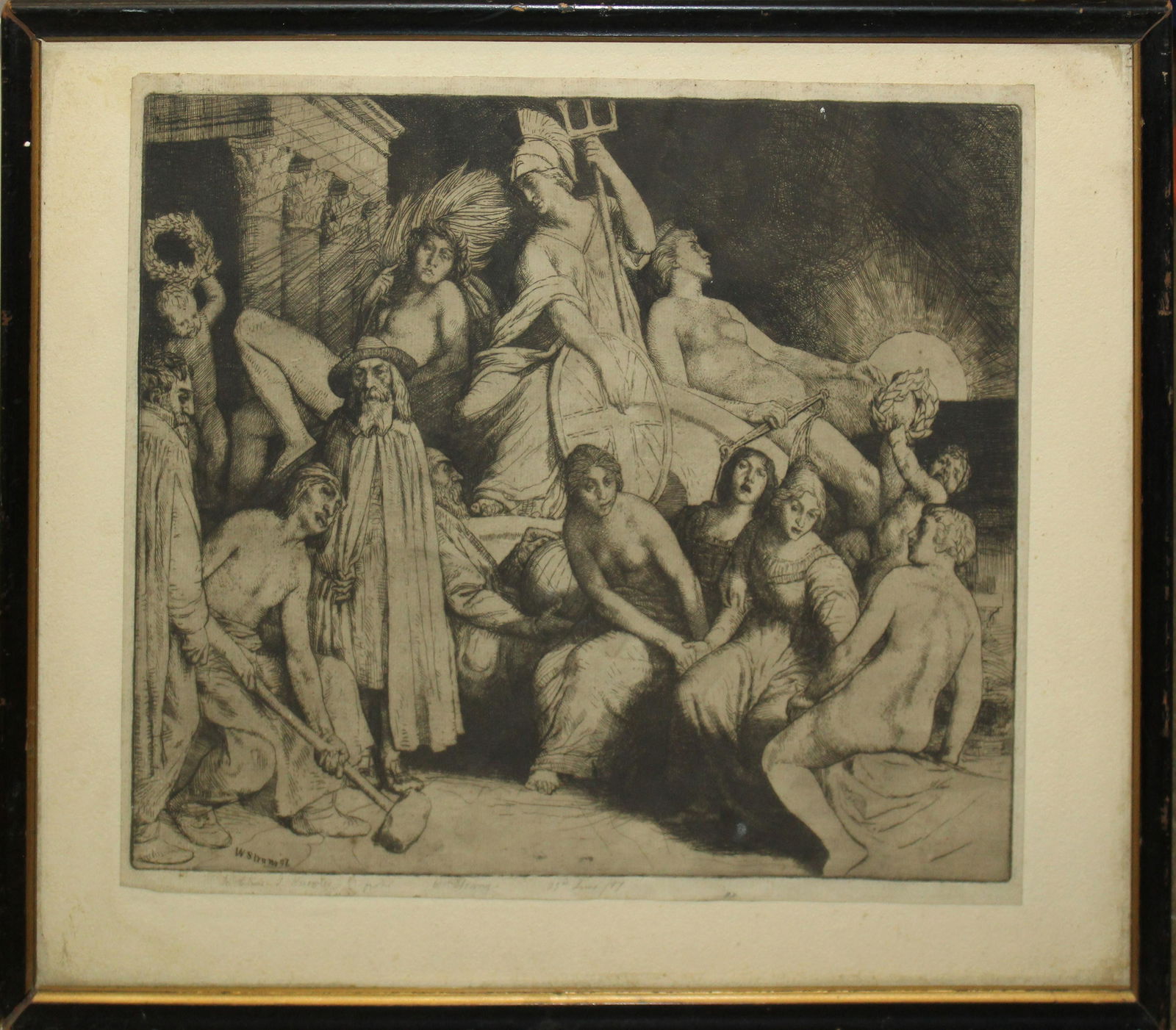Wiliam Strang (EN 1859-1921): William Strang (English 1859-1921) Allegorical scene signed lower margin inscribed to Chas B. Knowles from the Artist drypoint etching on paper - plate 12 x 15" 16 x 20" as framed Ex. Iris Love/Liz Sm