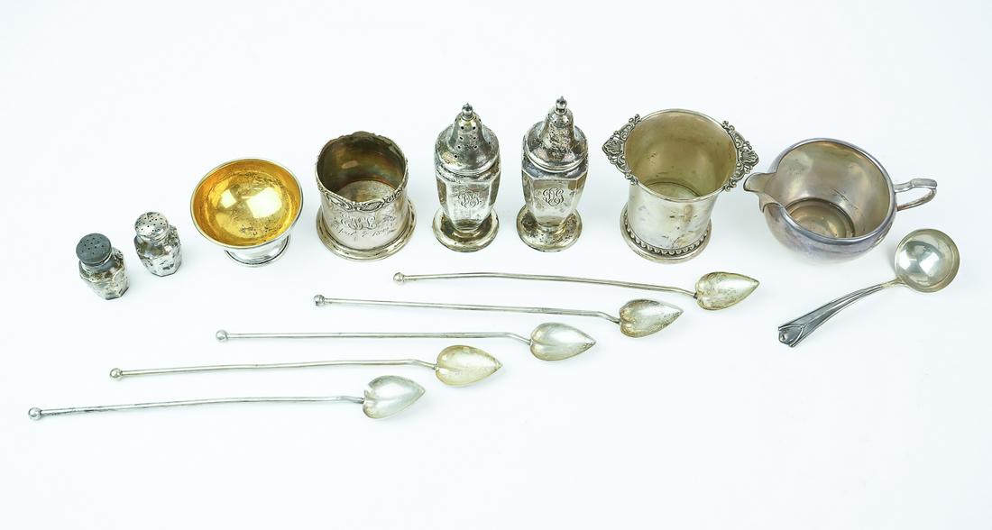 Group of Sterling Silver Hollowware and Flatware: Group of sterling silver hollowware and flatware including Gebelein Boston master salt, pair of octagonal salt and pepper shakers, creamer, tooth pick holder, match holder, 5 iced tea spoons/straws, s