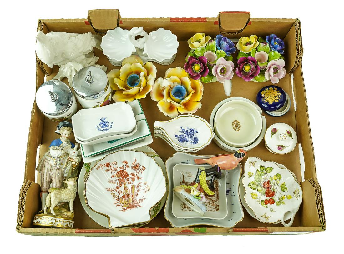 Group of English and European Porcelain Items: Group English porcelain tableware and decorative items including Capodimonte Dolphin double master salt, 2 yellow Capodimonte rose blossom candleholders, Denton English bone china candleholders, Dento