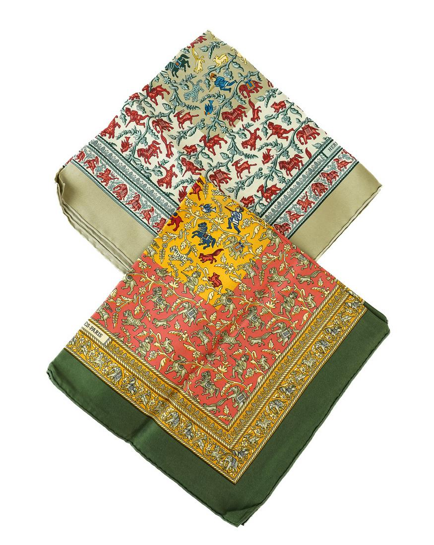 Hermes Silk Gavroche Scarves: Two Hermes silk gavroche scarves "Chasse En Inde' design, each approximately 42 cm x 42 cm, with original boxes, ex Iris Love