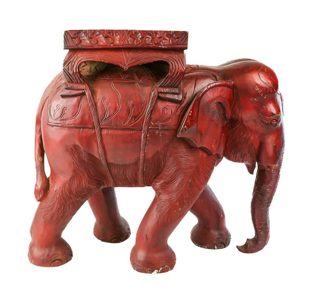 Large Carved Wooden Thailand Elephant: Large contemporary carved wooden Thailand elephant plinth or garden seat, minor cracking, losses, length 21", ht 19", ex Iris Love