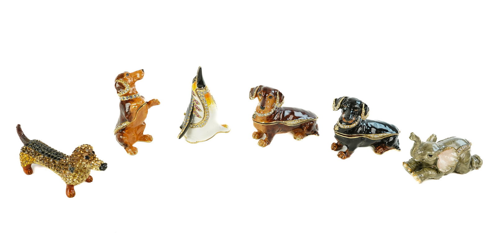Kingspoint, Nobility Enamel Dresser Jars: Kingspoint, Nobility jeweled enamel dresser jars (4 pcs), sold with a jeweled enamel penguin dresser jar, and a bejeweled dachshund, lengths 2 3/4" to 3 1/2", ex Iris Love