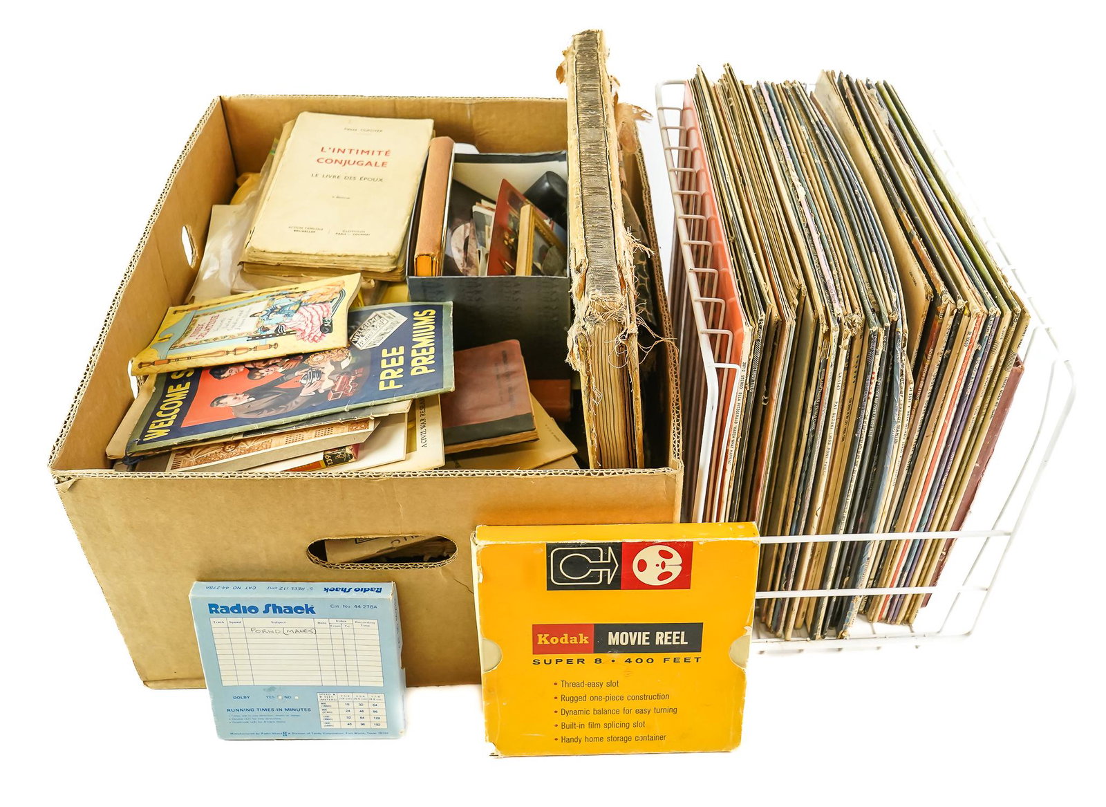 Lot of Assorted Ephemera and LP Records: Lot of assorted ephemera including advertising and travel booklets, railroad manuals, antiques reference books, DuBois family of Belgium/Montpelier, VT photographs, 19th c. Japan book with hand colore