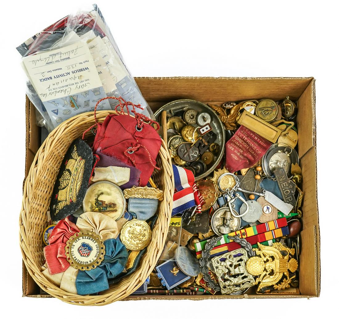 Lot of Medals, Pins, Insignia and Patches: Lot of medals, pins, isignia and patches including military ribbon bars, buttons, 12 General Electric Vulcan M61 mini-gun pins, fraternal ribbons, boy scout achievement pins, political pinbacks, key f