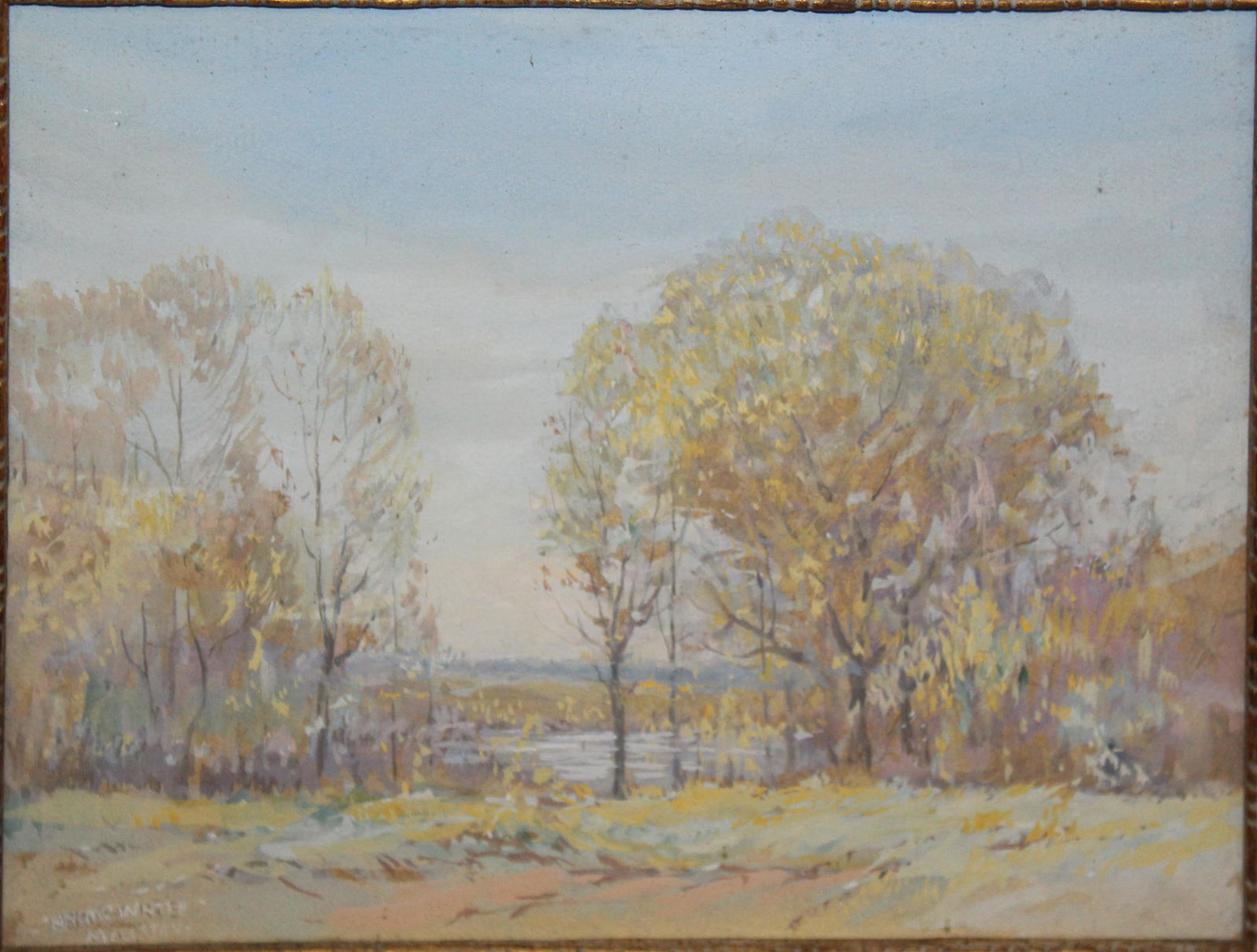 Nelson Cooke White (AM 1900-1989): Nelson Cooke White (American 1900-1989) Spring landscape watercolor and gouache signed lower right identified reverse descending in White Family 9 x 12" 17 x 20" as framed.