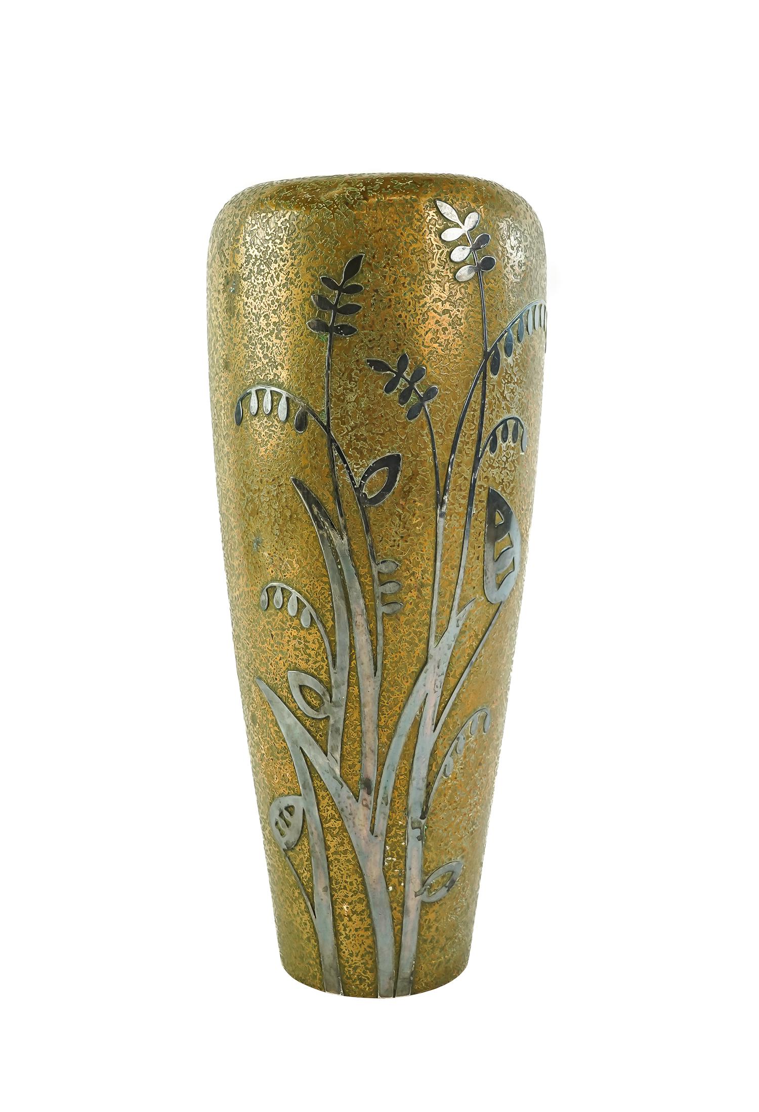 Arts & Crafts Silver on Copper Vase: Arts & Crafts silver on copper vase. Textured surface with large reed design silver inlay. Marked on bottom "Sterling Silver Crest Decorated Bronze". 13" h.