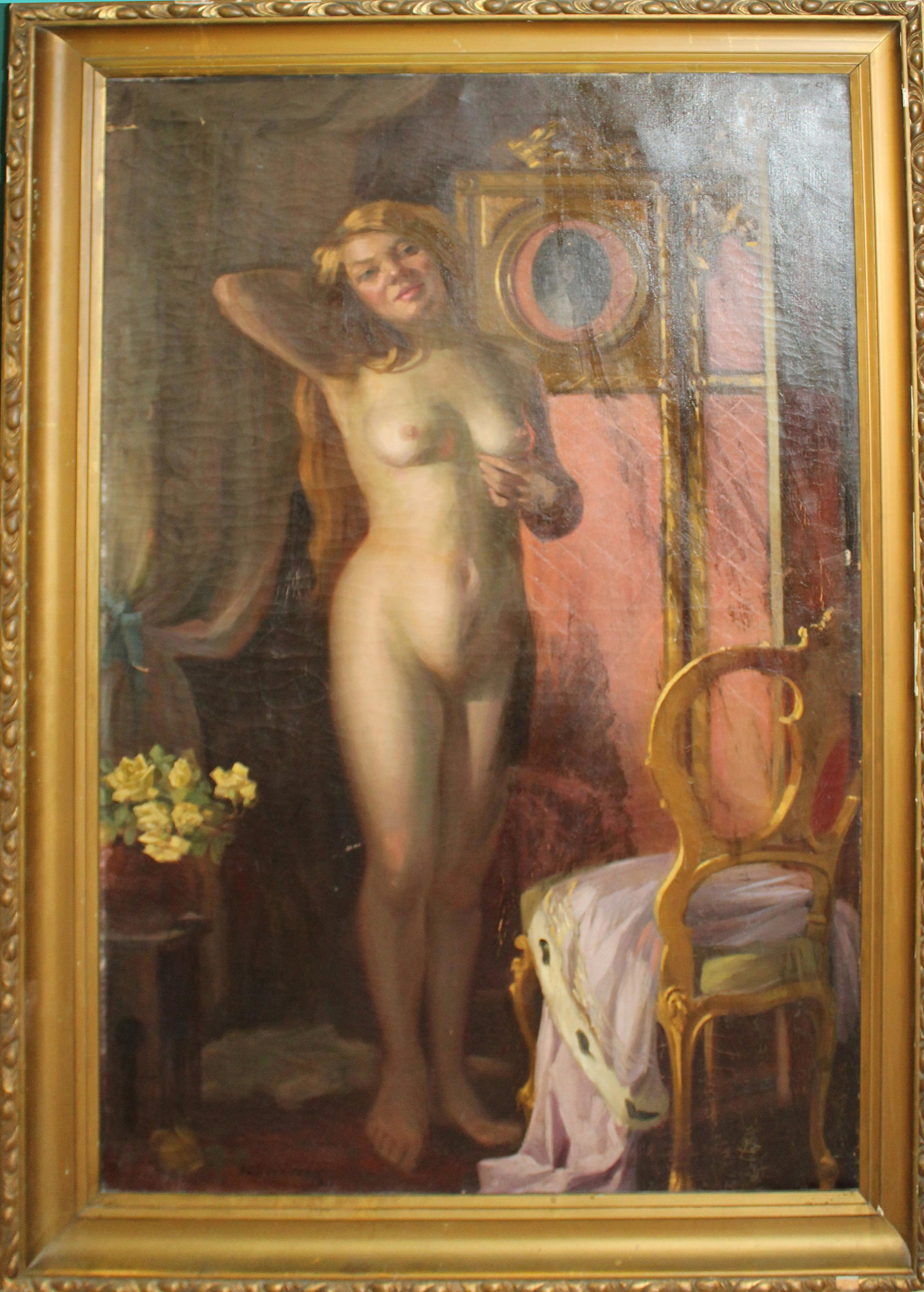 Istavan Szasz (HU 1878-1965) nude: Istavan Szasz (Hungarian 1878-1965) Nude oil on canvas signed lower right 60 x 40" 67 x 47" as framed.