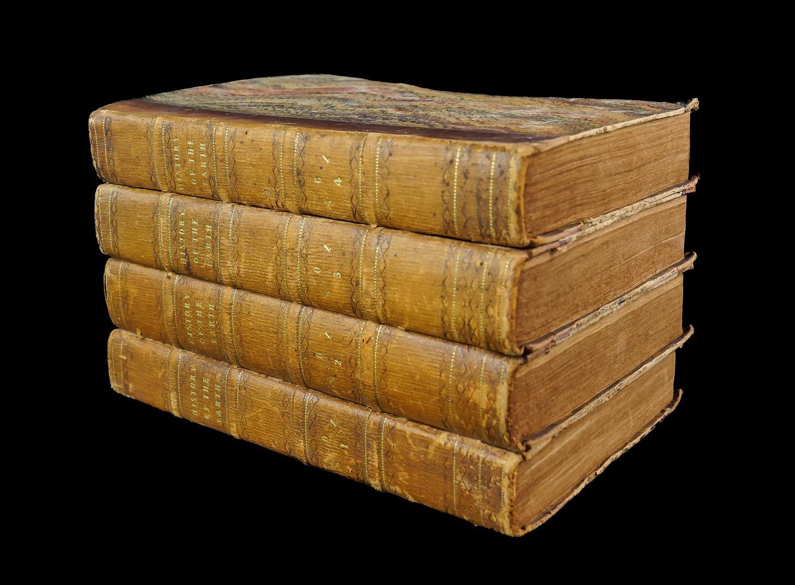 1818 Goldsmith History of the Earth: 1818 Oliver Goldsmith "History of the Earth and Animated Nature" (4 vols), York, with numerous engraved b&w plated, half calf, rubbed and faded, marbleized boards, 8 1/2" x 5 1/4"