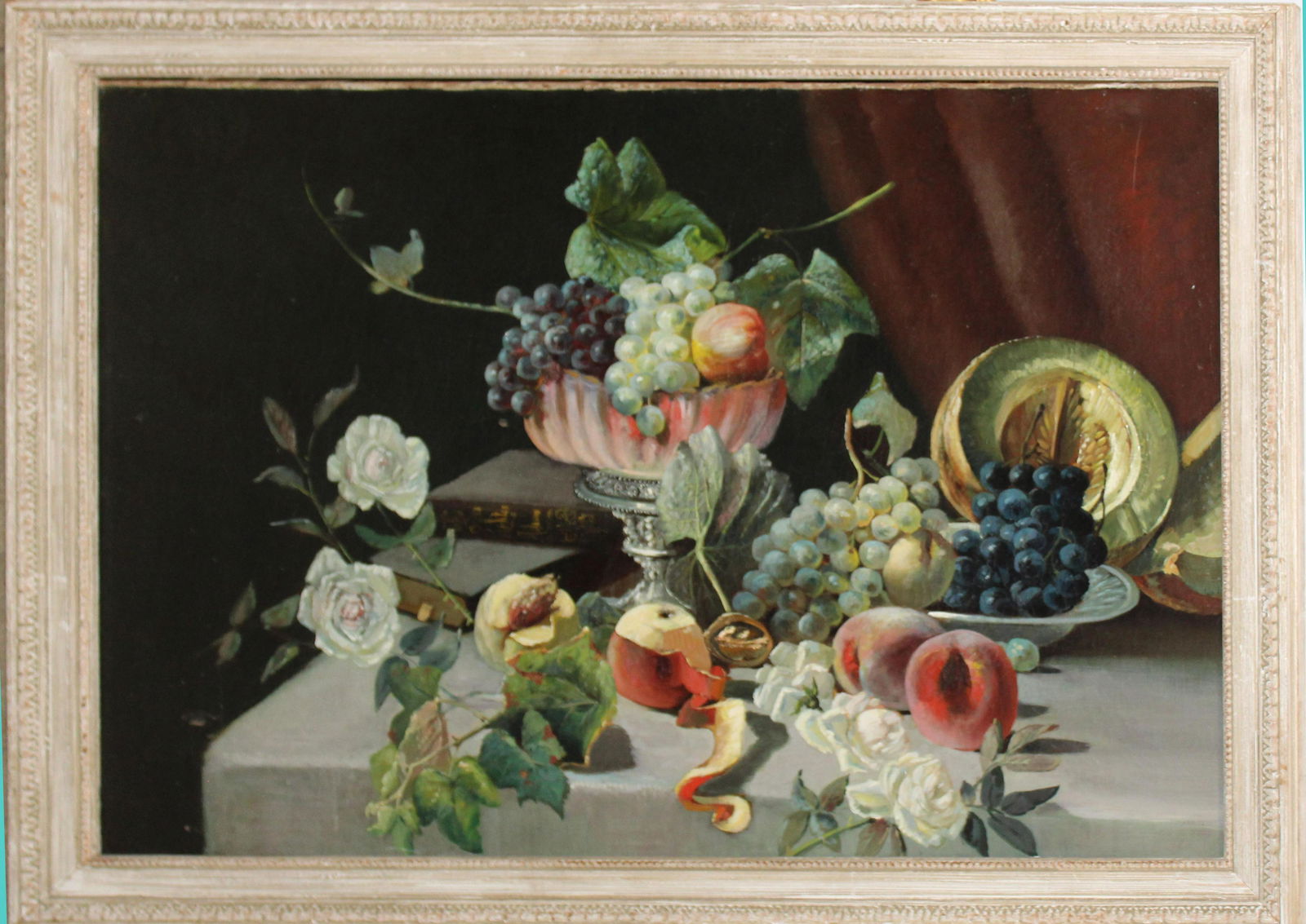 19th c Still Life with Fruit Oil On Canvas: 19th c Still life with fruit in the manner of Severin Roesen (Am 1815-1872) oil on canvas 20 x 30 -24 x 34" as framed.