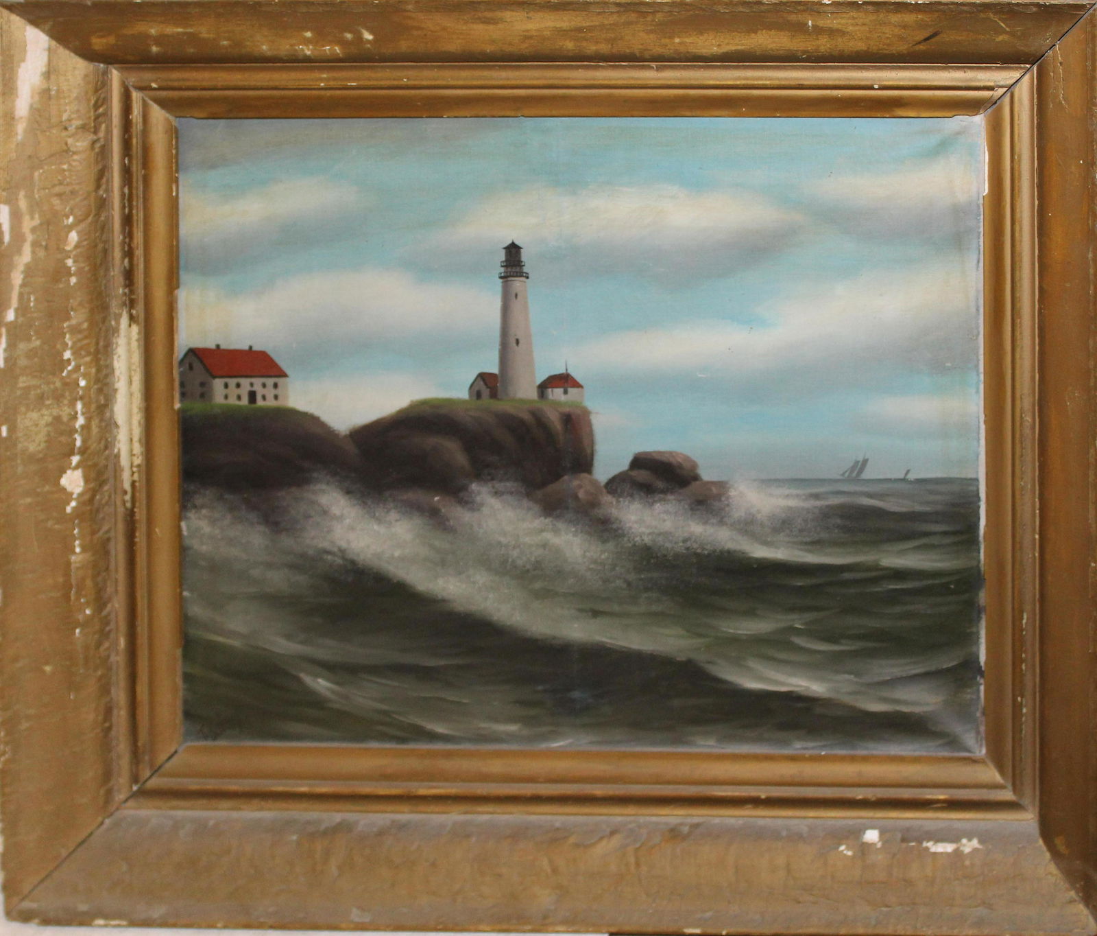 19th c Naieve O/C of Lighthouse (1 of 3)
