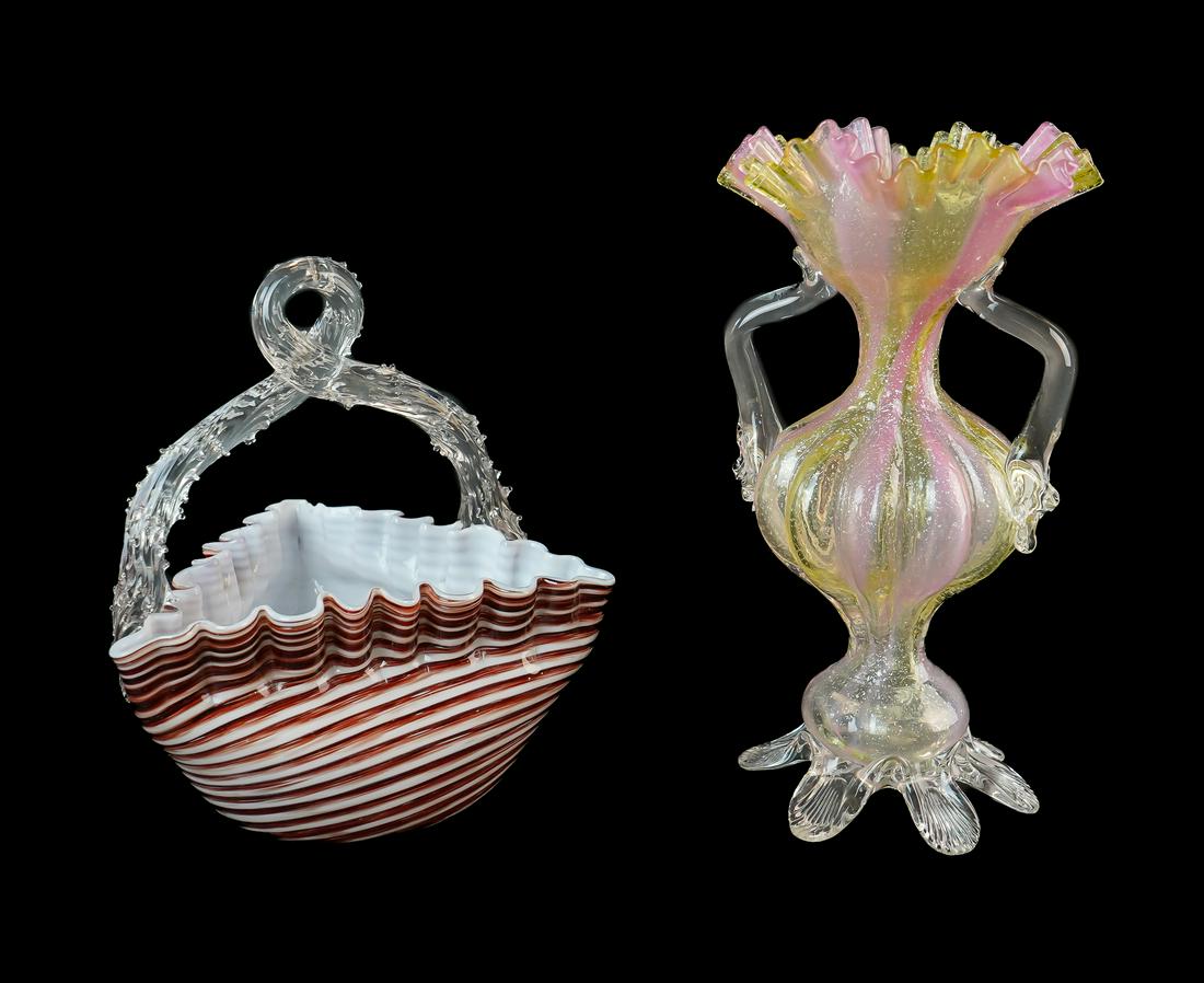 Victorian Art Glass Footed Vase and Basket (1 of 2)
