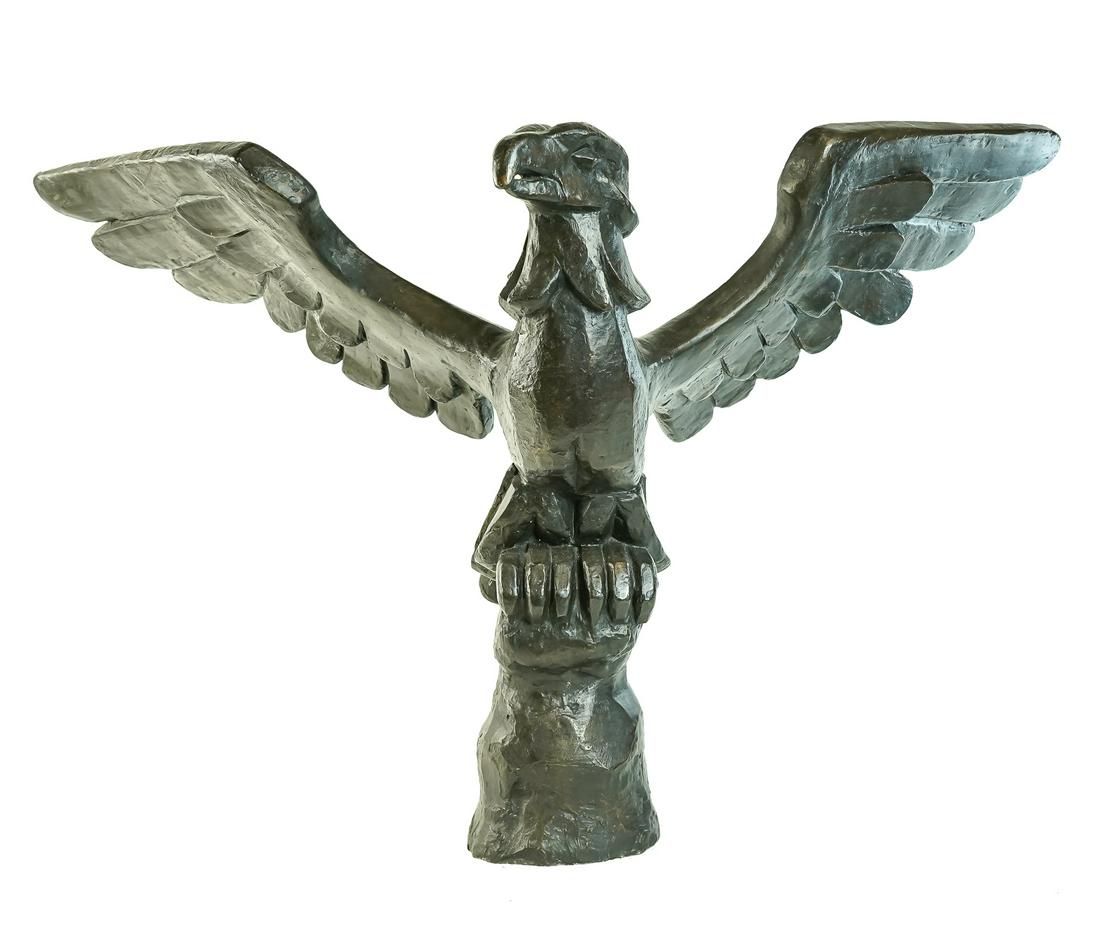 Joseph McDonnell Bronze Eagle: Joseph McDonnell (American b. 1930 ) patinated bronze eagle, signed McDonnell #1, made for Wanamaker in Philadelphia (from the artist- "My Eagle #1was the maquette for the first of nine large bronze e