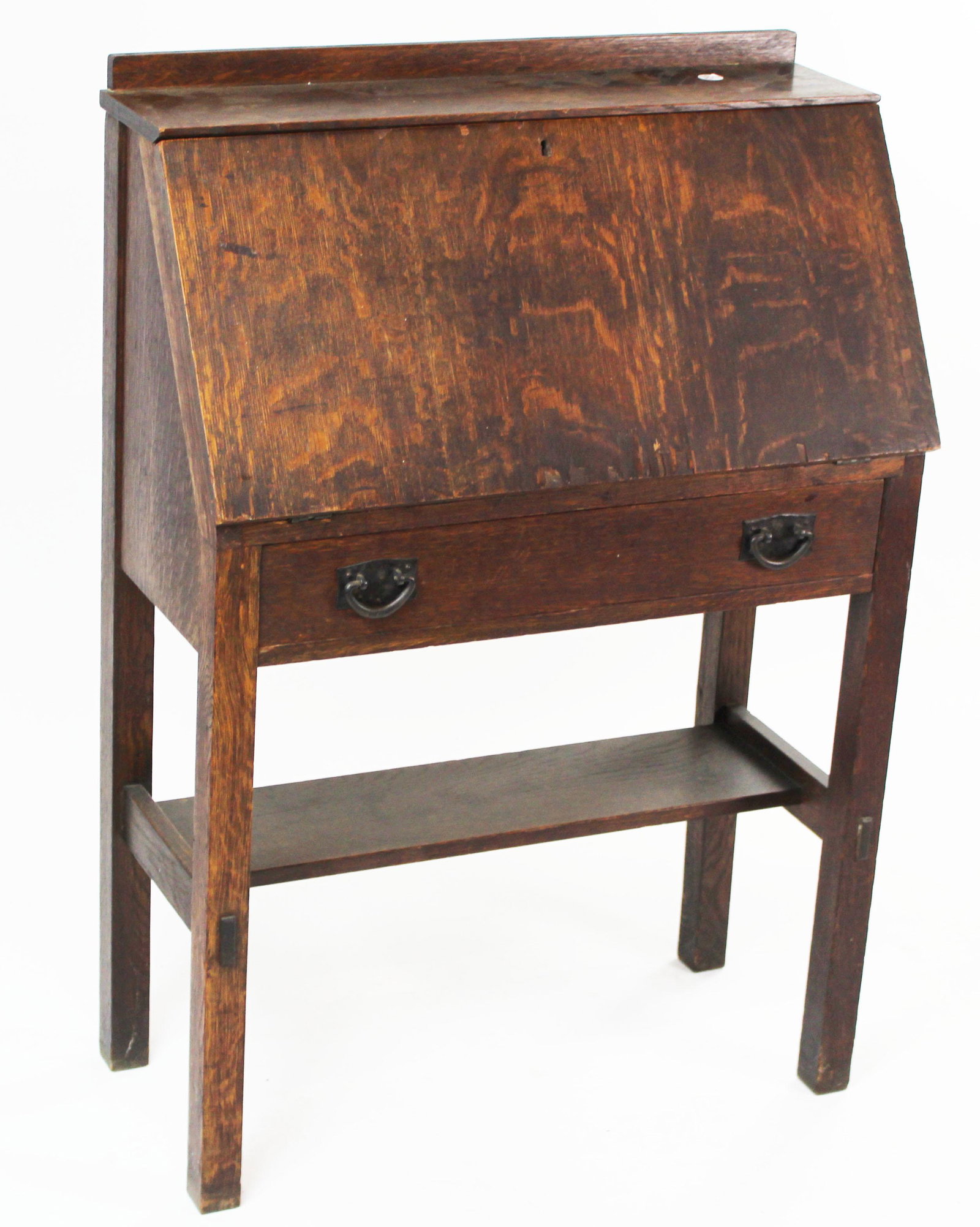 Gustav Stickley 728 Oak Slant Front Desk: Gustav Stickley Arts and Crafts era mission oak #728 slant front desk with single drawer and lower shelf stretcher, interior drawer and pigeonholes, through tenon leg construction, signed with clamp m