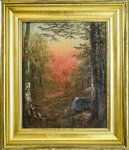 Nelson Augustus Moore (1824-1902) Oil On Canvas: Nelson Augustus Moore (American 1824-1902) oil on canvas woodland sunset signed lower right and inscribed in pencil on reverse of canvas "A Study Twilight-Adirondack" with "N. Moore Studio" stamp, app