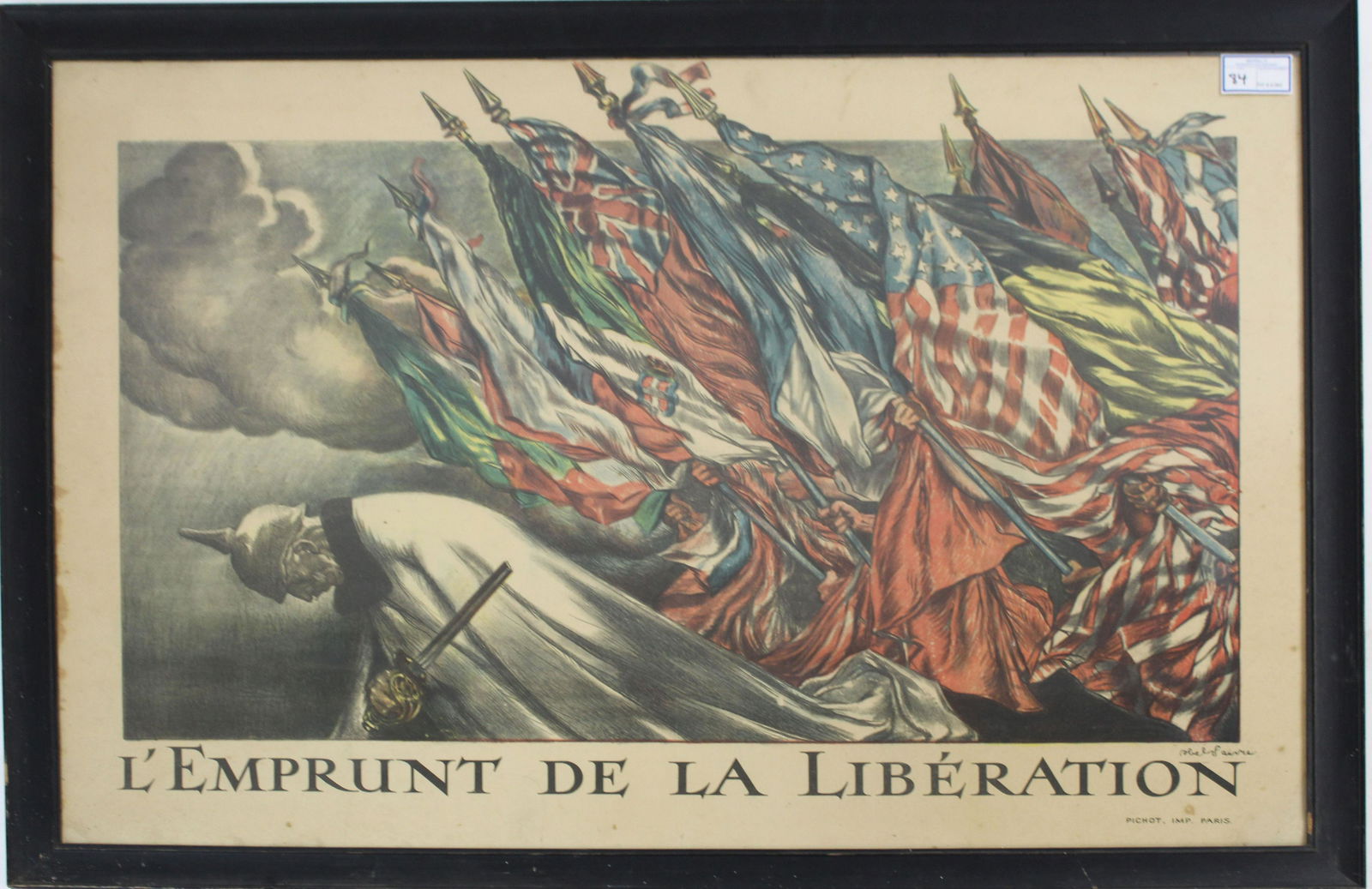 Abel Faivre (1867-1945) World War I Poster: Jules Abel Faivre (French 1867-1945) "L'Emprunt de La LibÃ©ration" Paris World War I propaganda poster with the flags of the Allied nations marching against the German kaiser in defeat, appears to b