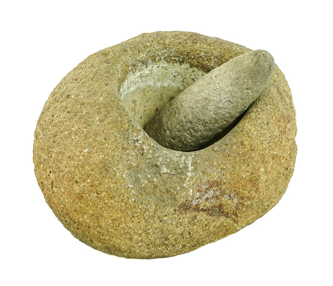 Northern California Stone Mortar & Pestle: Northern California stone mortar & pestle, Tulare County near Glendale, length 11 1/2