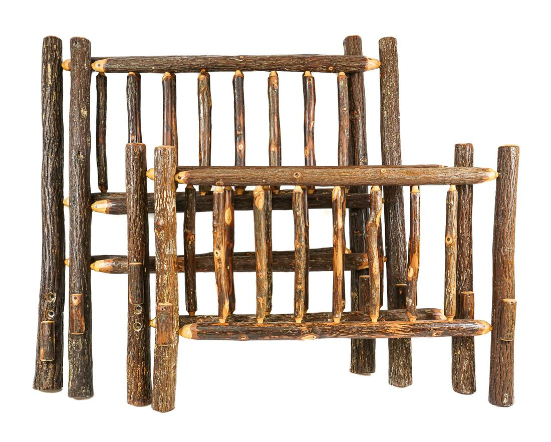 Pair of Old Hickory style Rustic Camp Beds: Pair of Old Hickory style rustic Adirondack camp twin beds consisting of headboard and footboard, pine rails and oak slats 45.5" x 41.5", 31.5" x 41"