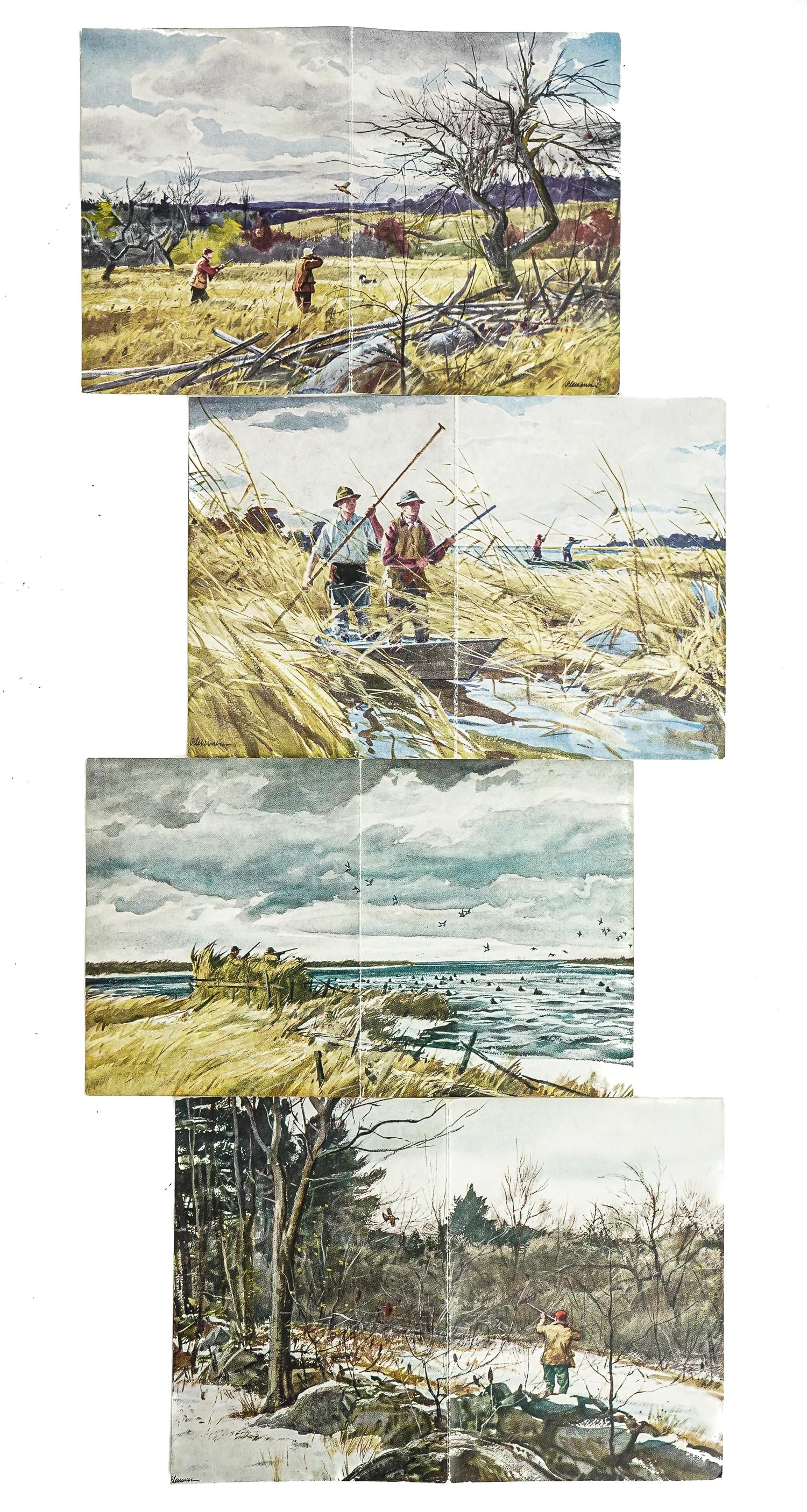 4 Ogden Pleissner Webb Family Shooting Cards: 4 Ogden Minton Pleissner (American 1905-1983) illustrated printed "shooting cards" prepared for game bird hunts hosted in 1955 by J. Watson and Electra Havemeyer Webb, and organized by gamekeeper Henr