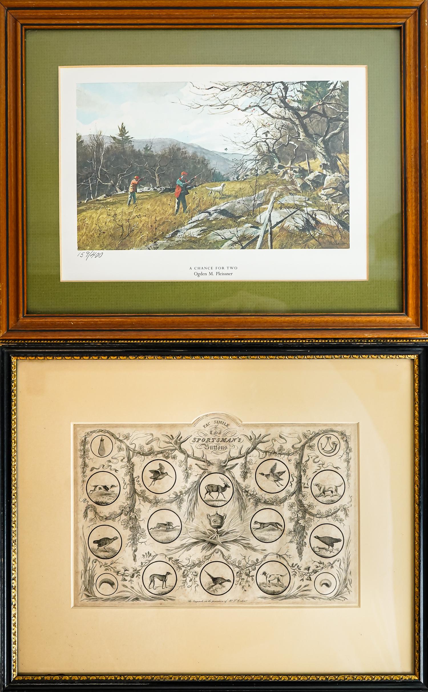 Ogden Pleissner Print, Sporting Buttons Print: Ogden Minton Pleissner (American 1905-1983) "A Chance for Two" framed sporting art print, editioned 159/400, accompanied by a 19th century engraving titled "A Facsimile of Sportsman's Buttons", presen