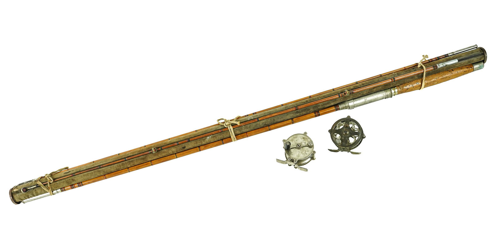 Bamboo Rod & Two Vintage Reels: Bamboo ca. 1900 fishing rod with two tips in fitted cloth with two 19th c fly reels.