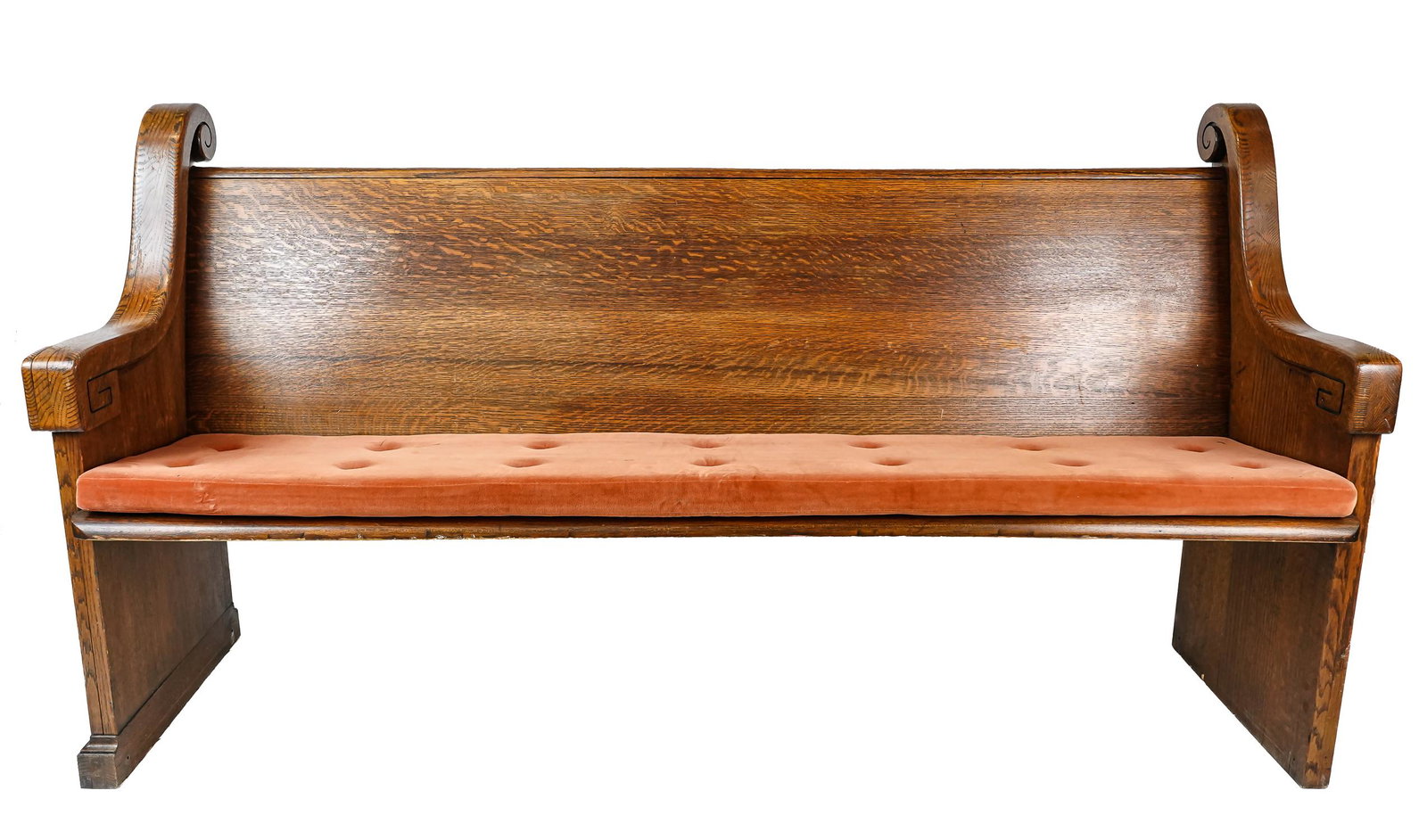 ca. 1900 Oak Church Pew Hall Bench: ca. 1900 Quartersawn oak 6' church pew truncated into a hall bench with scroll arms and orange velour custom cushion 72" x 38" x 21"