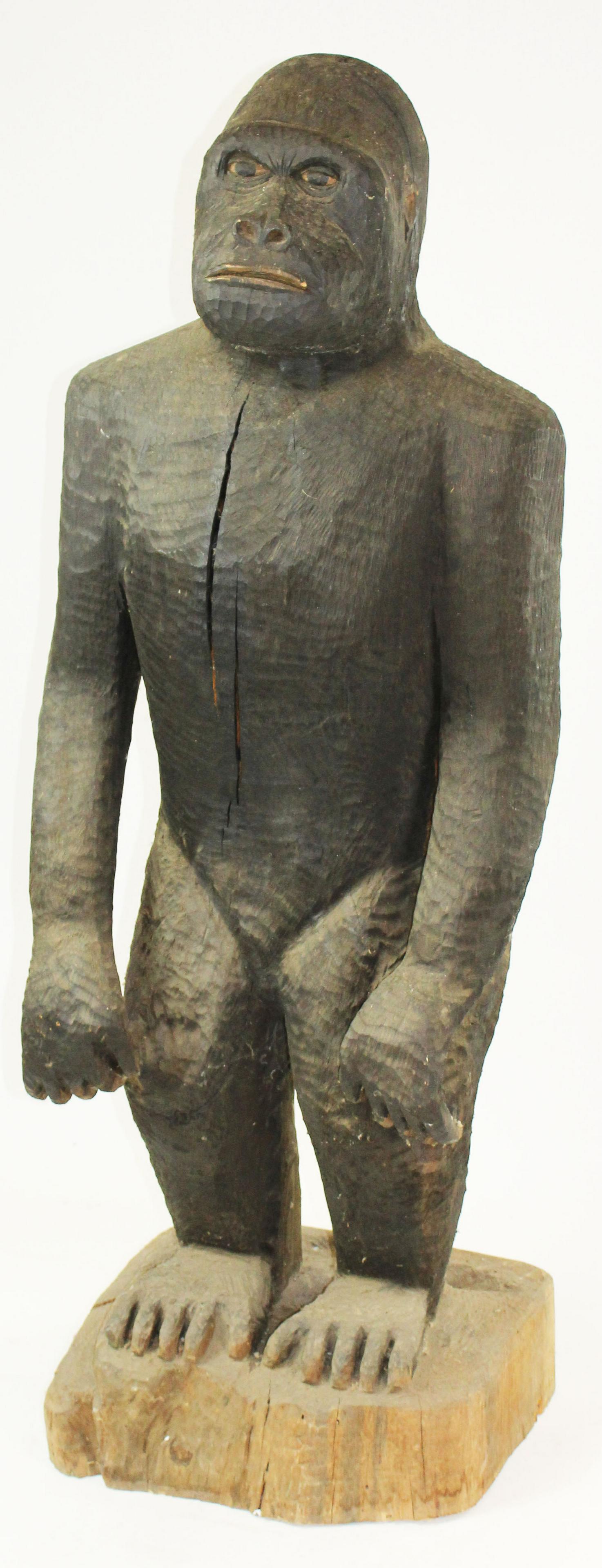 Life Size Carved Gorilla Figure By Ron Gallant VT: Folky standing gorilla figure carved from a solid wooden log by Ronald Gallant of Waterbury / Stowe, Vermont (1938-) 69" x 23" x 16"