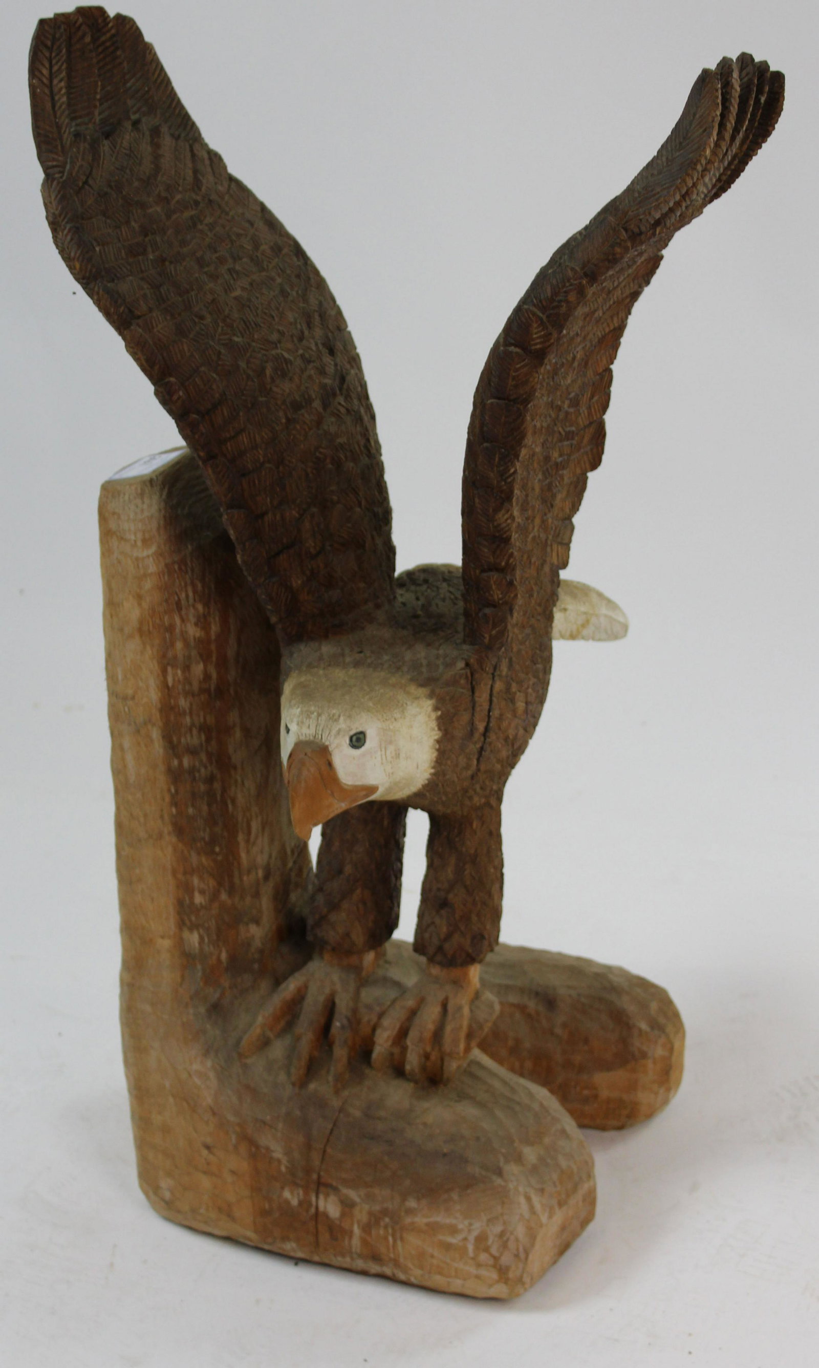Bald Eagle Carved by Ron Gallant of Waterbury VT: Carved wooden bald eagle in flight figure by Ronald Gallant of Waterbury, Vermont (1938-) 36" x 20" x 19"