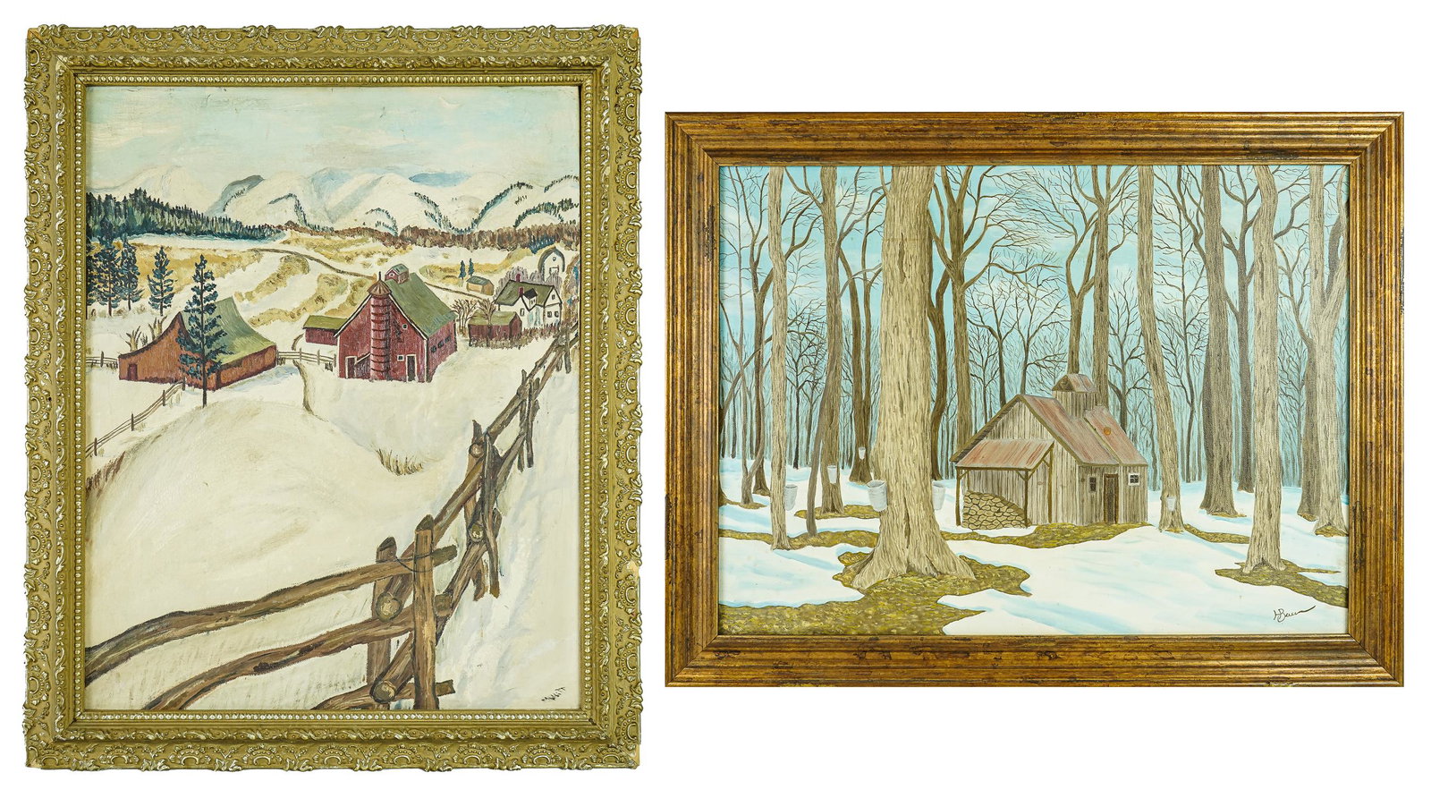 2 Quebec School Oil on Canvas Winter Scenes: 2 mid 20th c. Quebec or Northern New England oil on canvas winter rural landscapes including sugarhouse in maple grove, and farmstead behind split rail fence 17.5" x 24", 21.5" x 27.5" as framed, 20" 