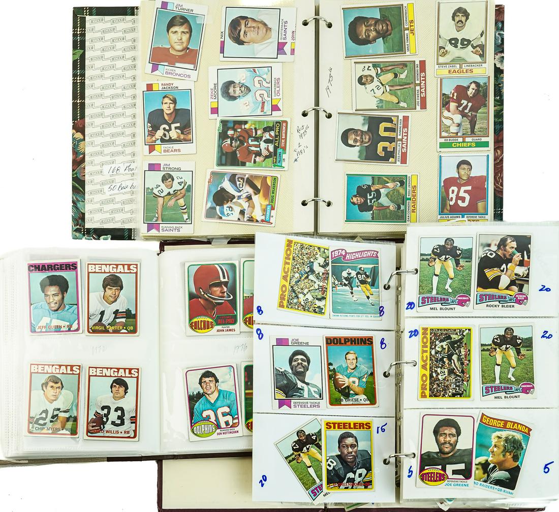 1970's Football Cards: 3 albums with approximately 800 1970's football cards, Including Joe Greene, Carlie Joiner, Mel Blount, Bob Griese, Terry Bradshaw, Walter Payton, Roger Staubach and many, many more.