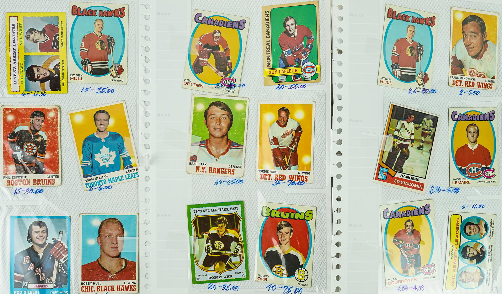 1970's Hockey Sports Cards: A binder with approximately 400 1970's Hockey cards including Bobby Orr, Gordie Howe, Guy Lafleur, Ken Dryden